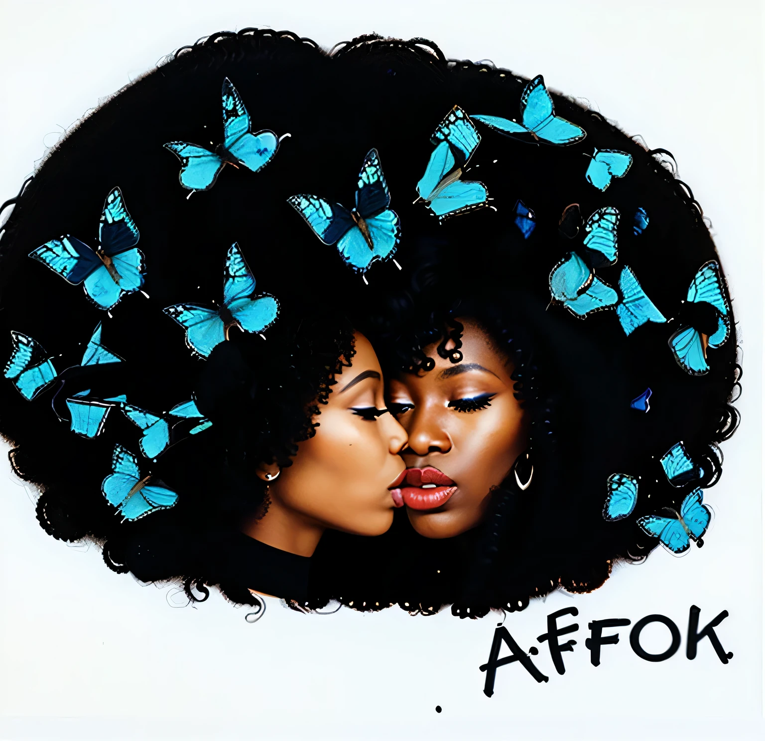 2 african female next to eachother. 1 is looking sideways overlapping the other female face looking forward. their eyes and mouth are closed with blue butterflies on their afro hair. make sure the one of them has darker shade of red lips.
