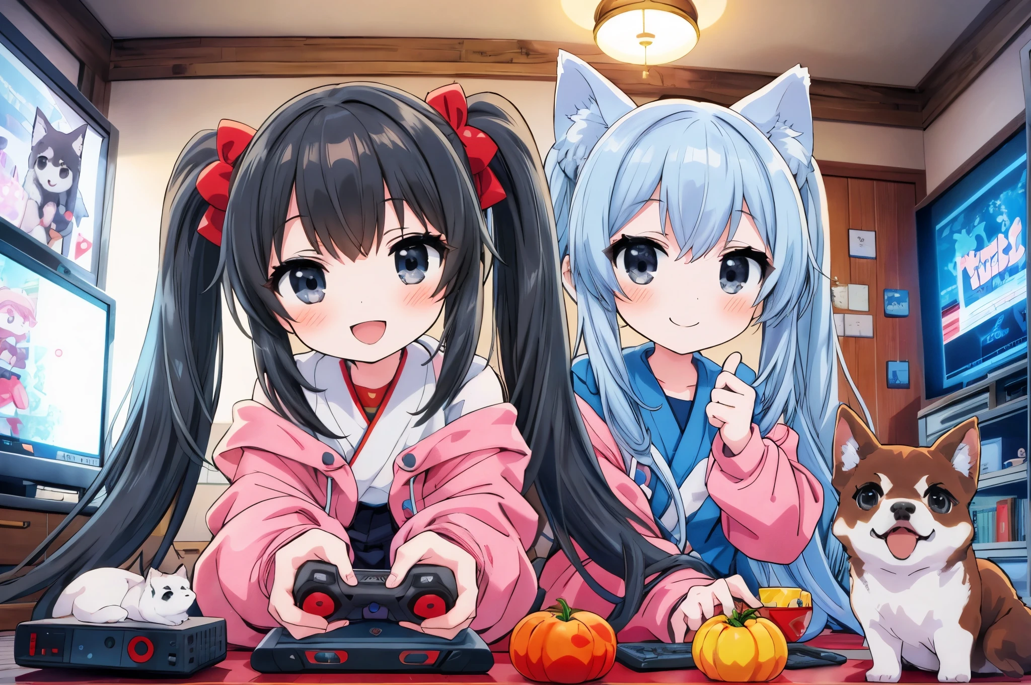 light blue long hair twin tails anime girl with black eyes playing video games in front of the TV in the room A happy smile I'm with shiba inu anime moe art style, anime style 4k