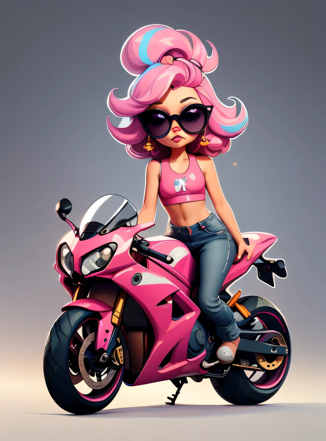 1 adesivo, manual, (adesivo, uma garota estilosa, modelo, Top rosa, escolha tingir o cabelo, oculos de sol, Cool Trend Motorcycle), lilac background, fundo simples, minimum, Bonitinho, pequeno, cor pastel, estilo vetorial, sem gradiente,