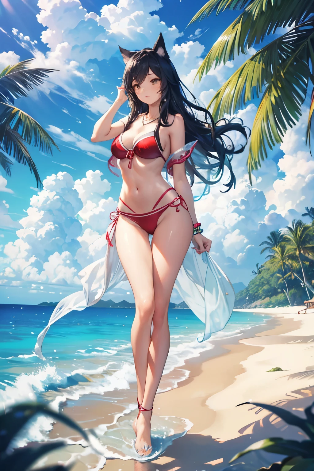 (best quality,4k,highres,masterpiece:1.2), Ahri, ultra-detailed,realistic,tropical style, red bikini, beach towel around her, wearing sunglasses, beautiful hands,lush vegetation,beautiful seashells,soft sandy shore,gentle ocean waves,joyful expression, endless horizon,warm sunlight,relaxing atmosphere,salty sea breeze,slender figure,confident stride,swaying palm trees,delicate necklace,dangling earrings,serene background noise of seagulls calling,crystal-clear water,melodic sound of waves crashing,perfectly pedicured toes,subtle shimmer on her skin,playful flirtatiousness,delightful summer vibes,vibrant colors of nature,tropical paradise,artistic water reflections. walking towards you