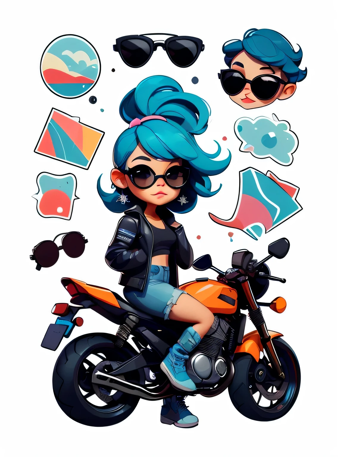 1 adesivo, manual, (adesivo, uma garota estilosa, modelo, top preto, cabelo pintado de azul, oculos de sol, Cool Trend Motorcycle), fundo branco, fundo simples, minimum, Bonitinho, pequeno, cor pastel, estilo vetorial, sem gradiente,