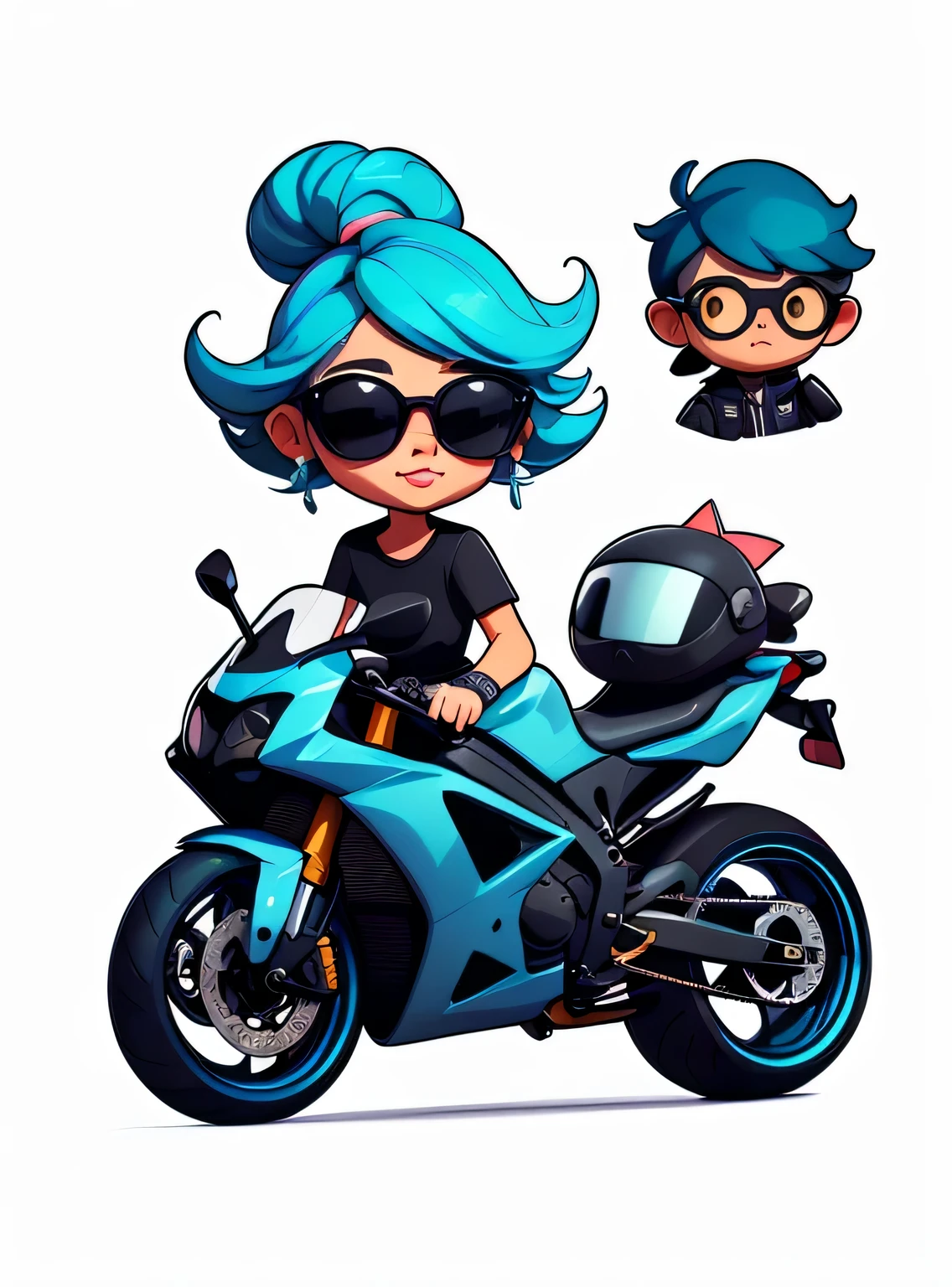1 adesivo, manual, (adesivo, uma garota estilosa, modelo, top preto, cabelo pintado de azul, oculos de sol, Cool Trend Motorcycle), fundo branco, fundo simples, minimum, Bonitinho, pequeno, cor pastel, estilo vetorial, sem gradiente,