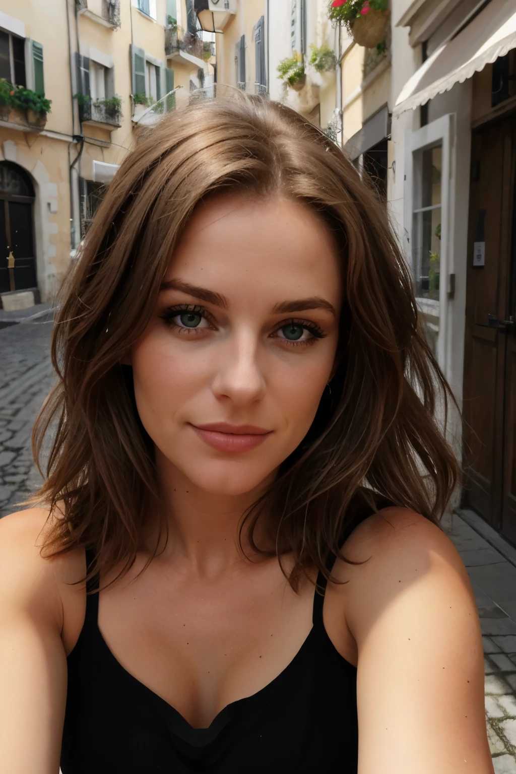 1mujer, (réaliste:0.75), cheveux bruns, Cheveux longs, yeux noirs, heureux, Déjeuner,Amis blonds,yeux verts,Européen, selfie, nourriture, Italienne, bronzée