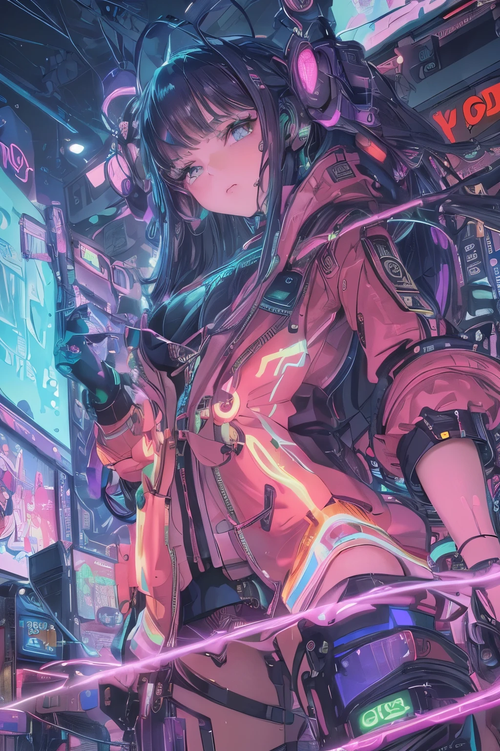 ((An exhilarating masterpiece anime illustration comes to life, showcasing a cyber girl with an extremely delicate and beautiful appearance.).), ((Her exposed face, a work of art in its own right, boasts intricate details and an ethereal allure)).), ((A mechanical member, meticulously crafted, attaches to her neck via tube connections (1.2)).), ((Her body, an intricate labyrinth of wires and cables, glistens in the neon-lit cityscape.)), ((She wears a colorful Harajuku tech jacket, emblazoned with a bold logo, adding to her allure as she assumes a dynamic pose.)), ((Be