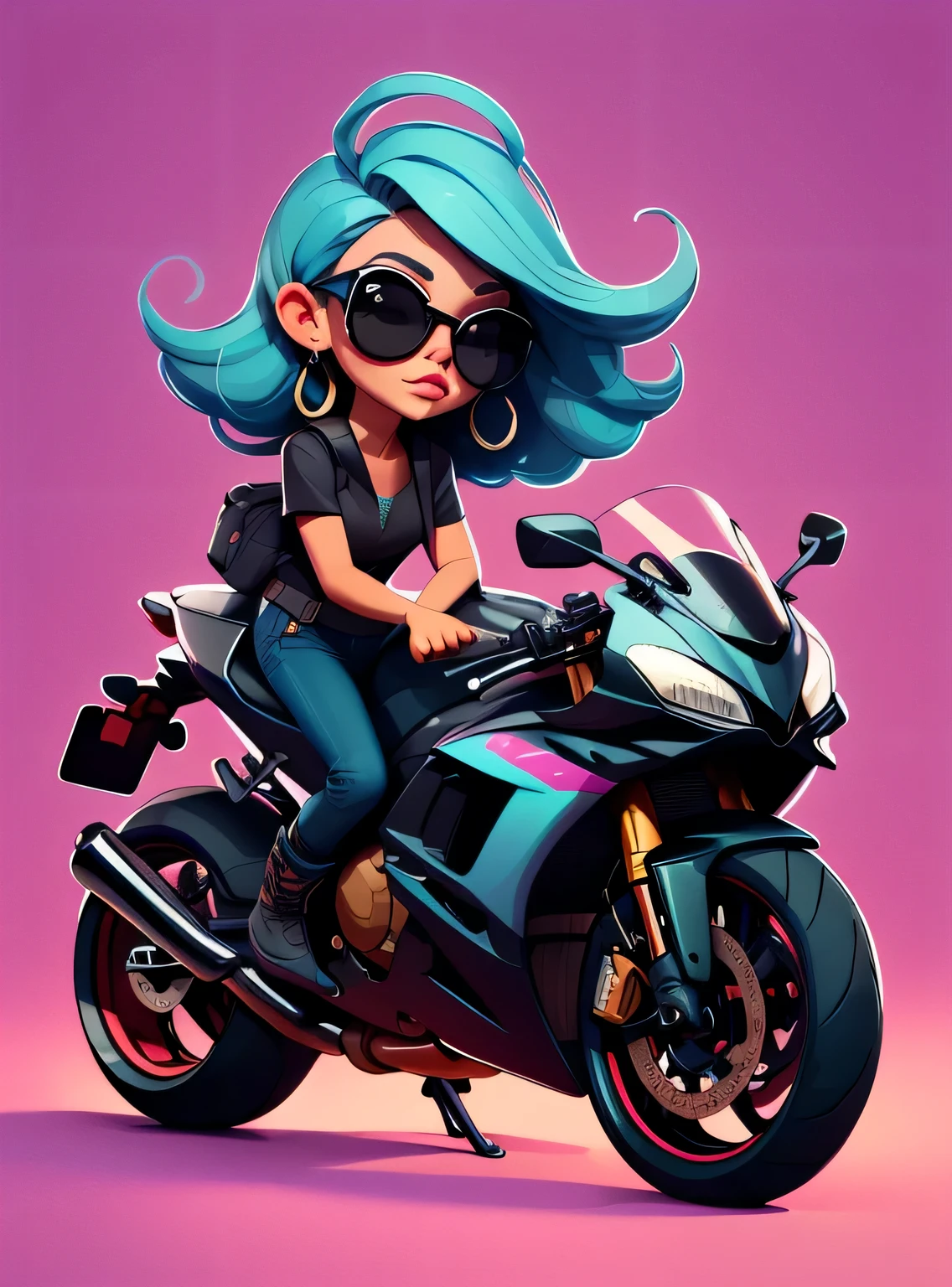 1 adesivo, manual, (adesivo, uma garota estilosa, modelo, top preto, cabelo pintado de azul, oculos de sol, Cool Trend Motorcycle), fundo rosa, fundo simples, minimum, Bonitinho, pequeno, cor pastel, estilo vetorial, sem gradiente,