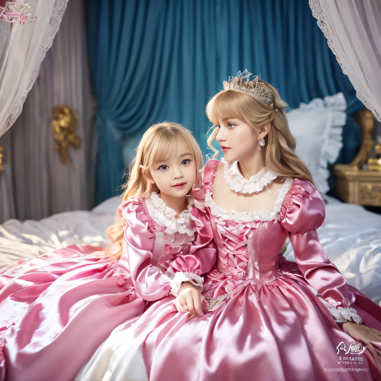 ,highest quality, masterpiece, highest resolution, artwork, super それにget used to it, many get used to it, get used to it, それにget used to it, 3K realistic photos,,((10 years old女の子)),Super detailed baby face,the two girls are princesses,Full length ball gown dress with hoop skirt,ruffle yoke collar,puff sleeves,long sleeve,((Lolita style hot pink detailed princess satin dress、Comes with lots of frills and ribbons。)),colorful rococo fashion,shiny satin dress,Soft and smooth fabric,luxury,long blonde hair,blue eyes,white skin european,pajamas,((inside the palace)),,,(( 10 years old)),Super detailed baby face,Full length ball gown dress with hoop skirt,long skirt,ruffle yoke collar,puff sleeves,腰まで伸びるlong blonde hair,blue eyes,white skin european,pajamas,((inside the palace bedroom)),シルクサテンのluxuryなcanopy bedの上,canopy bed,Luxurious curtains on both sides of the bed,many frilly pillows on the bed,super detailed background,Detailed bed,romantic atmosphere,two little princesses on the bed,Two people playing on the bed,((((Both legs are hidden in the dress)))),the dress is spread out on the bed,soft silk satin comforter,soft silk satin ruffled pillow,Beautiful girl illustration,detailed beautiful face detailed hair,detailed human eye ,detailed mouth, arm details,fine hands,Detailed pillow,