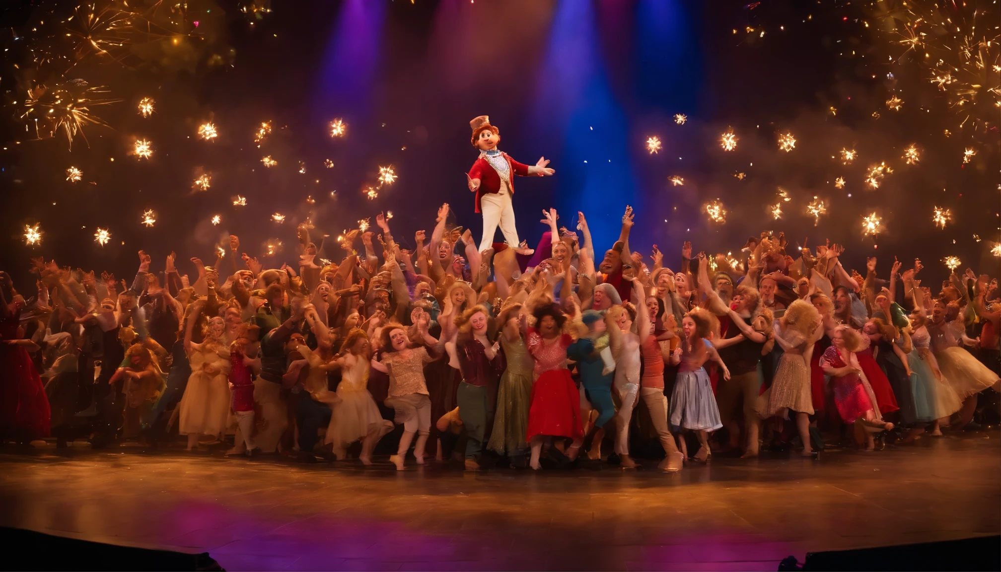 Young singer and actor on stage of a musical theatre show, dance moves, felicidade, plateia animada, estilo disney pixar cartoon