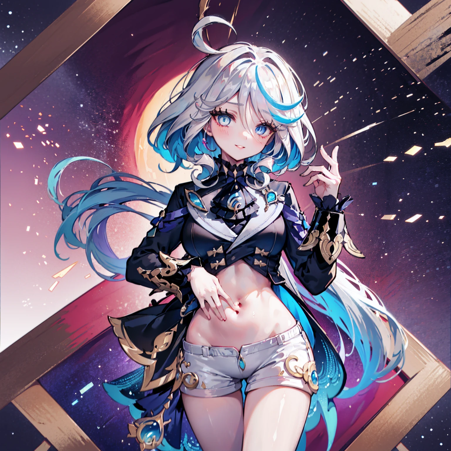 art, best quality, full body, sexy body, big breasts, ultra detailed, bright, bright light, high definition, depth of field, (perfect face, detailed face, detailed eyes, perfect hands), 8k, high definition, ultra realistic face, perfect lighting, best quality, ultra-detailed, bright eyes, navel showing, (looking at the viewer, smile: 1.1), ((1 girl)), thighs, cloak, furina, long hair, hair over the eye , ((gradient hair)), Multicolored eyes, gradient eyes, (bright eyes: 1.5), mascara, (FASHION MAKEUP), parted lips, blush, small jacket, slightly open short shorts, detailed clothes, , (( super detailed background)), ((8k wallpaper)),