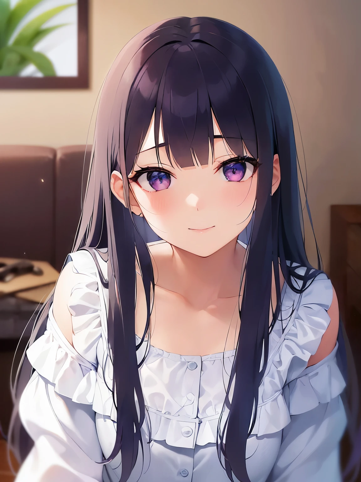 POV、Realistic, real person, RAW photo, photorealistic, portrait photography, shiny skin, japanese idol、(A 20-year-old woman with black bangs and purple eyes.) and (blunt bangs) and (straight midium hair), (wearing a white frilly blouse:1.5)、 smile, blush, The background is the living room、Alone、Are standing