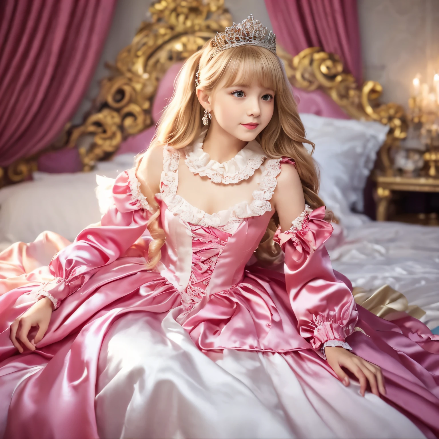 ,highest quality, masterpiece, highest resolution, artwork, super それにget used to it, many get used to it, get used to it, それにget used to it, 3K realistic photos,,((女の子)),Super detailed baby face,the two girls are princesses,Full length ball gown dress with hoop skirt,ruffle yoke collar,puff sleevesg sleeve,((Lolita style hotdetailed princess satin dress、Comes with lots of frills and ribbons。)),colorful rococo fashion,shiny satin dress,Soft and smooth fabric,luxury,long blonde hair,blue eyes,white skin european,pajamas,((inside the palace)),,,(( 10 years old)),Super d face,Full length ball gown dress with hoop skirt,long skirt,ruffle yoke collar,puff sleeves,腰まで伸びるlong blonde haiue eyes,white skin european,pajamas,((inside the palace bedroom)),シルクサテンのluxuryなcanopy bedの上,canopy bed,Luxurious curtains on both sides of the bed,many frilly pillows on the bed,super detailed background,Detailed bed,romantic atmosphere,two little princesses on the bed,Two people playing on the bed,((((Both legs are hidden in the dress)))),the dress is spread out on the bed,soft silk satin comforter,soft silk satin ruffled pillow,Beautiful girl illustration,detailed beautiful face detailed hair,detailed human eye ,detailed mouth, arm details,fine hands,Detailed pillow,