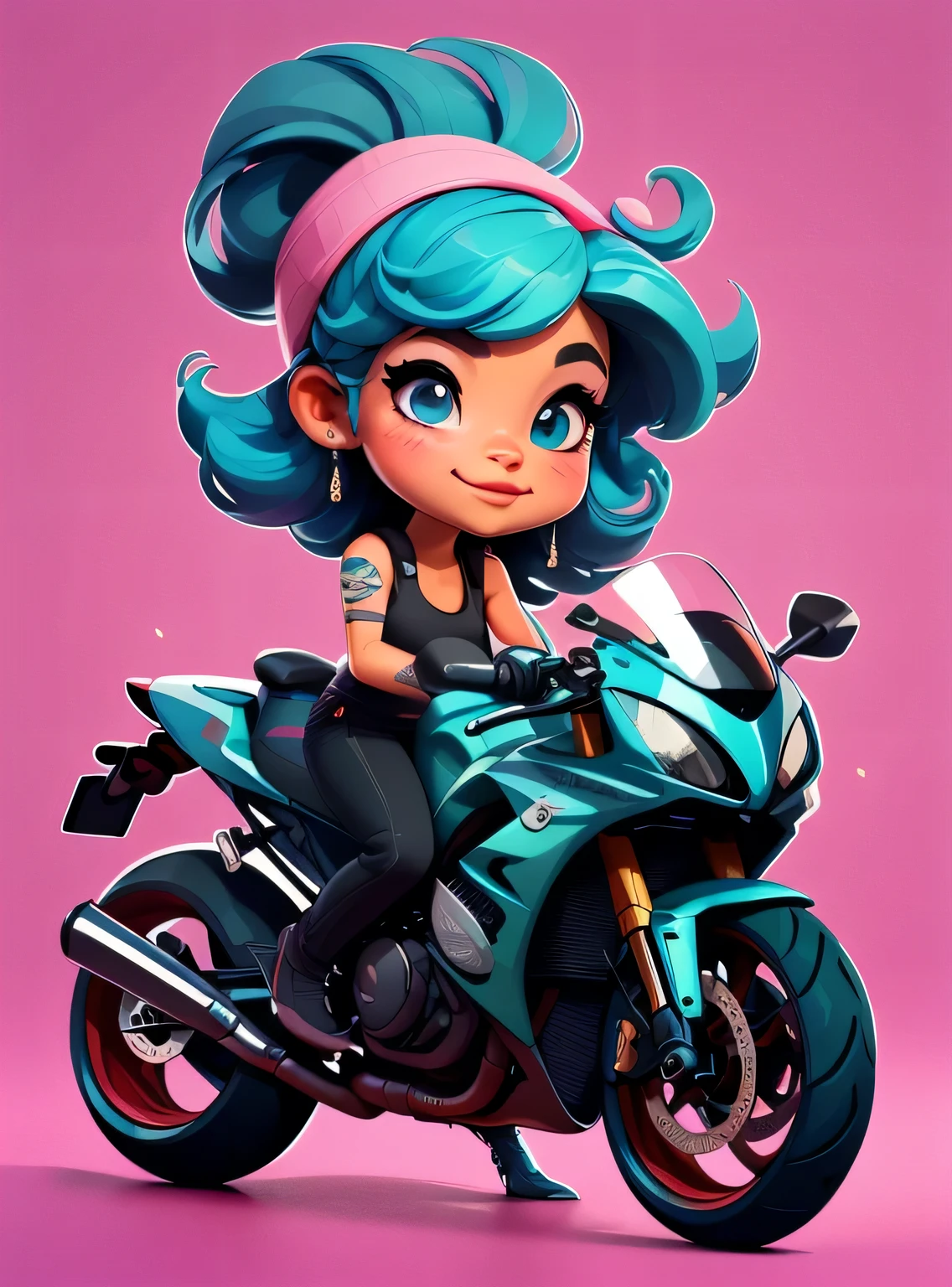 1 adesivo, manual, (adesivo, uma garota estilosa, modelo, top preto, cabelo pintado de azul, oculos de sol, Cool Trend Motorcycle), fundo rosa, fundo simples, minimum, Bonitinho, pequeno, cor pastel, estilo vetorial, sem gradiente,