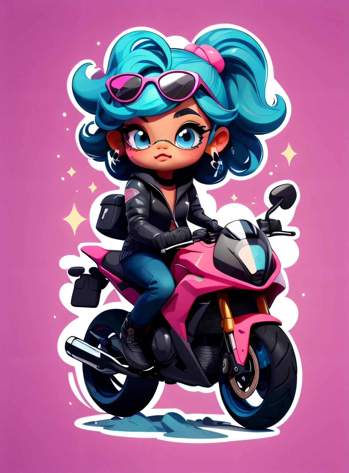 1 adesivo, manual, (adesivo, uma garota estilosa, modelo, top preto, cabelo pintado de azul, oculos de sol, Cool Trend Motorcycle), fundo rosa, fundo simples, minimum, Bonitinho, pequeno, cor pastel, estilo vetorial, sem gradiente,