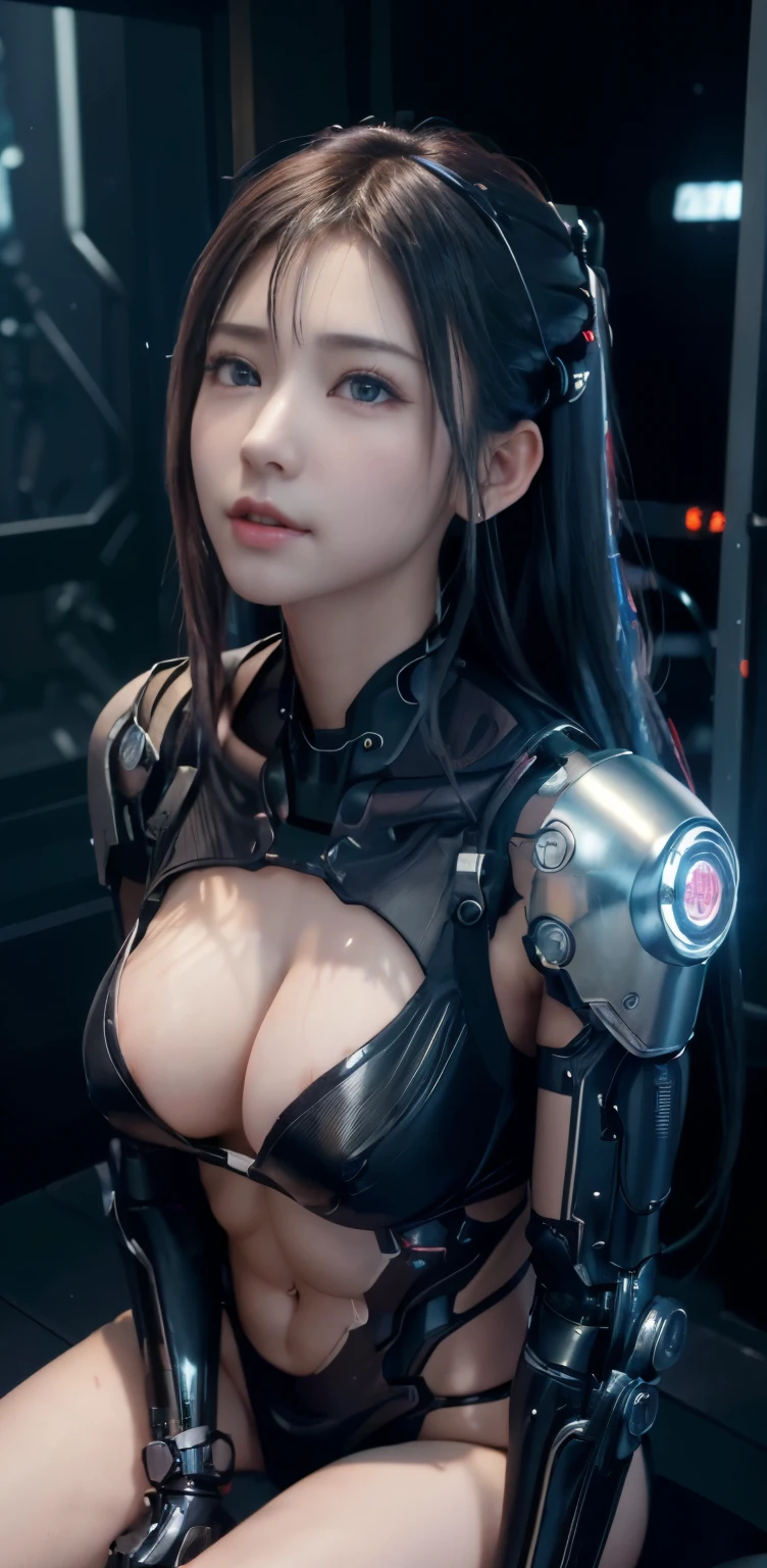 masterpiece、((black sweater))、 ((plug suit)), ((beautiful girl:1.2))、no arms、no clavicle、bare shoulders、mechanized body、Mechanized chest and abdomen、mechanized occiput、Mecha leg rack metallic suit that fits perfectly to the body、 Are standing、tied up、金属robot、((cyberpunk background))、(neon light)、(Futuristic machine factory background)、Cyberdyne、artificial body、All metal body、ironwork、abdominal mechanism、((robotアームとハンド))、((robotの足))、((machine neck))、Inside the spaceship、beautiful girl、、asian beauty, (Actuator and cable exposed from abdomen.、金属製robotの首から胴体までつながっている、Complex 3d rendering beautiful porcelain profile super get used to itd female android face、cyborg、robot部品、150mm、Soft light in a beautiful studio、rim light、vivid details、gorgeous cyberpunk、Ren Hao、超realistic、anatomical、facial muscles、cable wire microchip、elegant、beautiful background、octane rendering、HR giger style、8K、highest quality、masterpiece、enlightenment、very delicate and beautiful、 非常にget used to itなCG、unity、wallpaper、(realistic、Photoreal:1.37)、wonderful、get used to it、masterpiece、highest quality、official art、Highly get used to itd CG unity 8k wallpaper、absurd、incredibly absurd、、robot、silver bead body esbian、sit on top