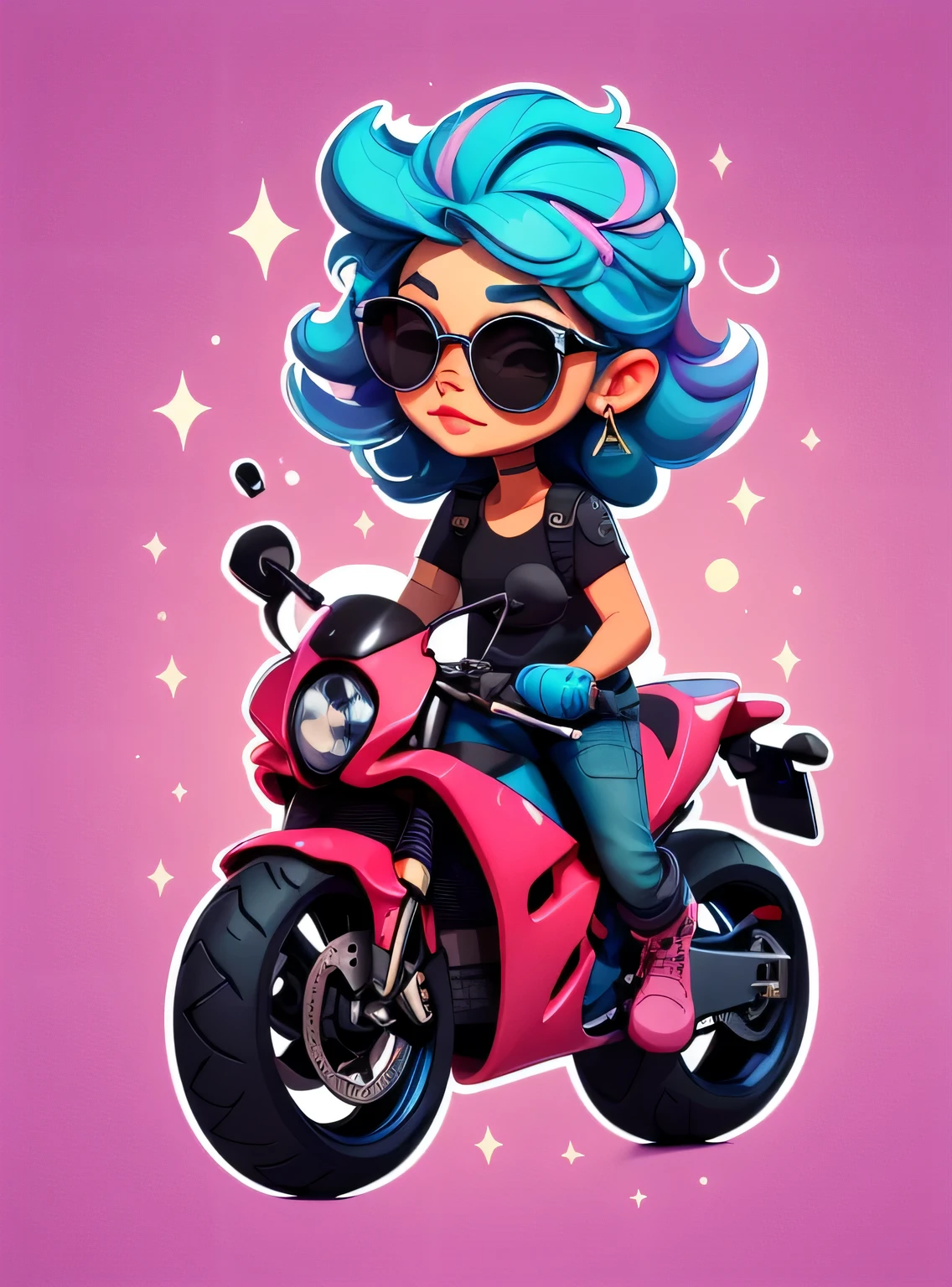 1 adesivo, manual, (adesivo, uma garota estilosa, modelo, top preto, cabelo pintado de azul, oculos de sol, Cool Trend Motorcycle), fundo rosa, fundo simples, minimum, Bonitinho, pequeno, cor pastel, estilo vetorial, sem gradiente,