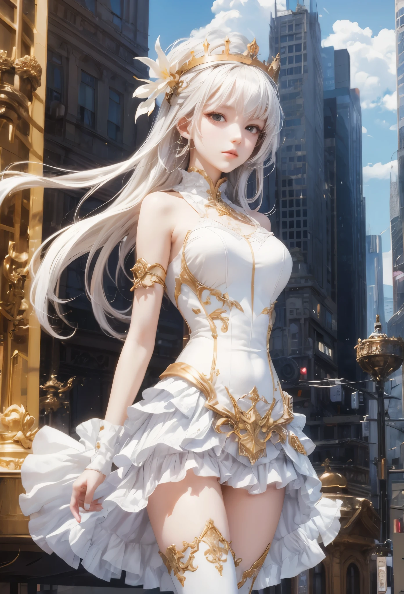 solo, standing skinny girl, long white hair, (white frilled white dress), (very short dress), (white frilled white tops), sheer dress, bared shoulders, too narrow corset cinches waist too tight, white thighhighs, white thigh strap, BREAK, red eyes, BREAK, golden tiaras, carrying a saber at her waist, BREAK, (show off large perky breasts), cleavage, collarbone, BREAK, skinny long legs, show off thigh gap, hand on hip, BREAK, smile for viewer, (nsfw:1), slipping vagina, (slipping nipples)
