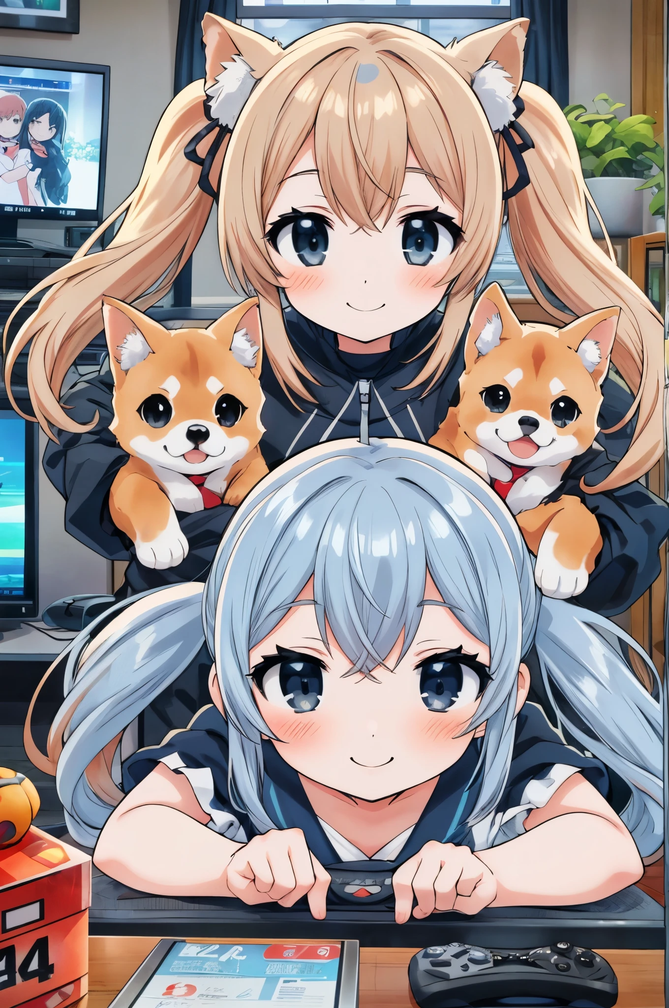 light blue long hair twin tails anime girl with black eyes playing video games in front of the TV in the room A happy smile I'm with shiba inu anime moe art style, anime style 4k