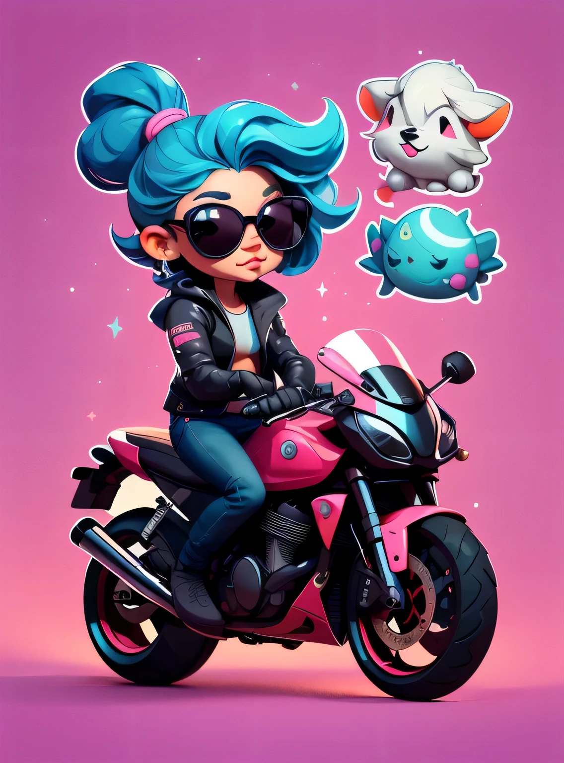 1 adesivo, manual, (adesivo, uma garota estilosa, modelo, top preto, cabelo pintado de azul, oculos de sol, Cool Trend Motorcycle), fundo rosa, fundo simples, minimum, Bonitinho, pequeno, cor pastel, estilo vetorial, sem gradiente,