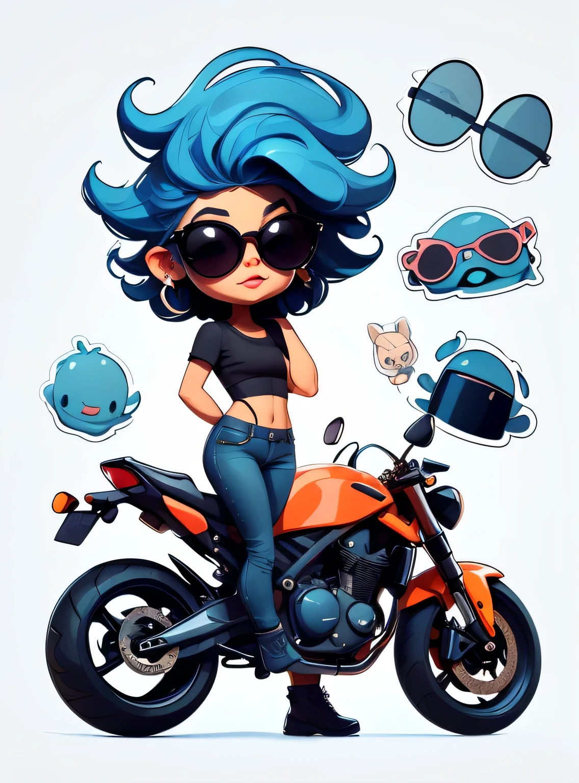 1 adesivo, manual, (adesivo, uma garota estilosa, modelo, top preto, cabelo pintado de azul, oculos de sol, Cool Trend Motorcycle), fundo branco, fundo simples, minimum, Bonitinho, pequeno, cor pastel, estilo vetorial, sem gradiente,