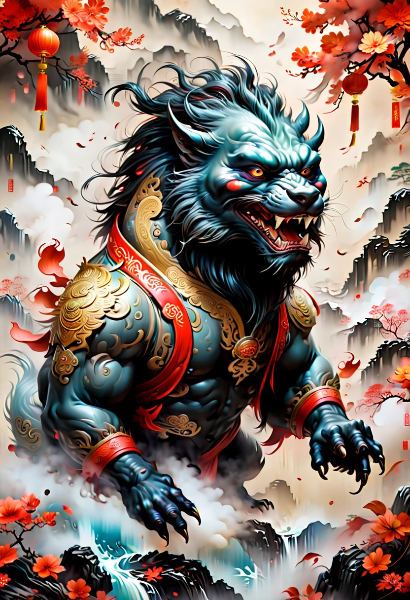 Chinese New Year Beast, epic, ink painting, (best quality, masterpiece, Representative work, official art, Professional, Ultra high detail, 8k:1.3)