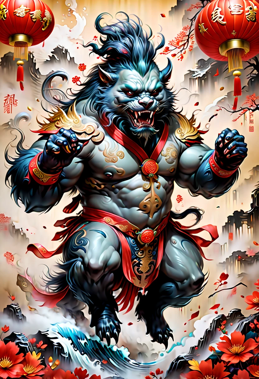 Chinese New Year Beast, epic, ink painting, (best quality, masterpiece, Representative work, official art, Professional, Ultra high detail, 8k:1.3)