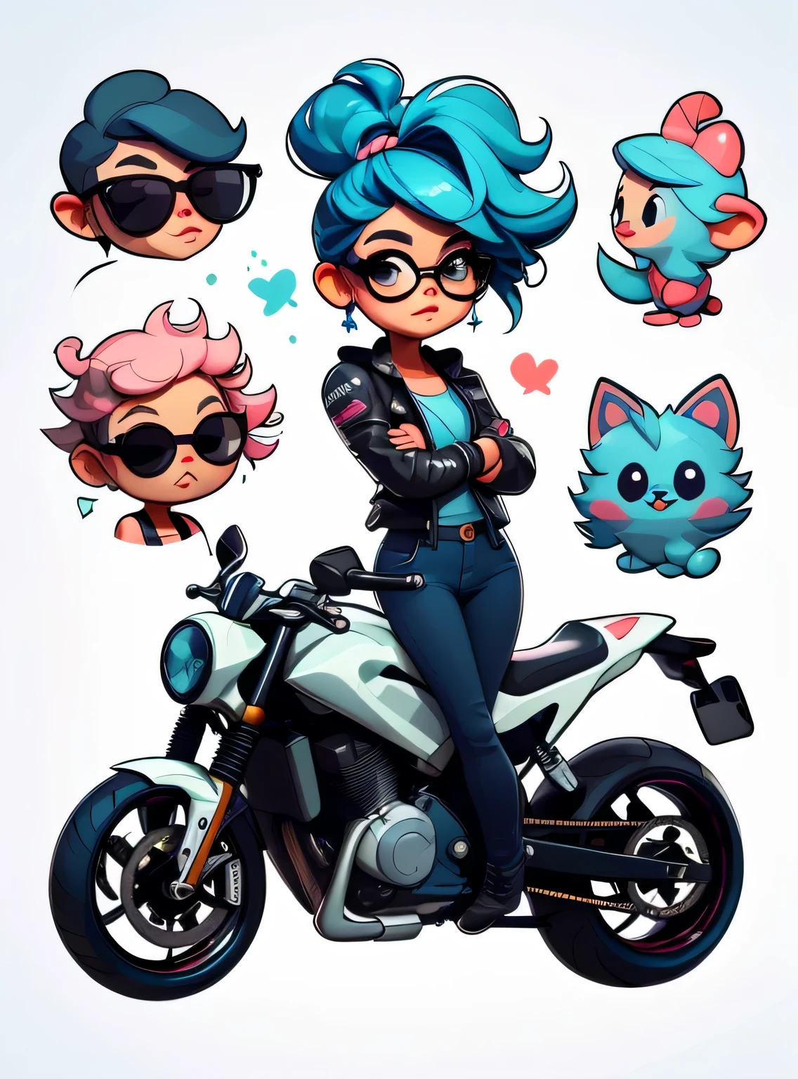 1 adesivo, manual, (adesivo, uma garota estilosa, modelo, top preto, cabelo pintado de azul, oculos de sol, Cool Trend Motorcycle), fundo branco, fundo simples, minimum, Bonitinho, pequeno, cor pastel, estilo vetorial, sem gradiente,