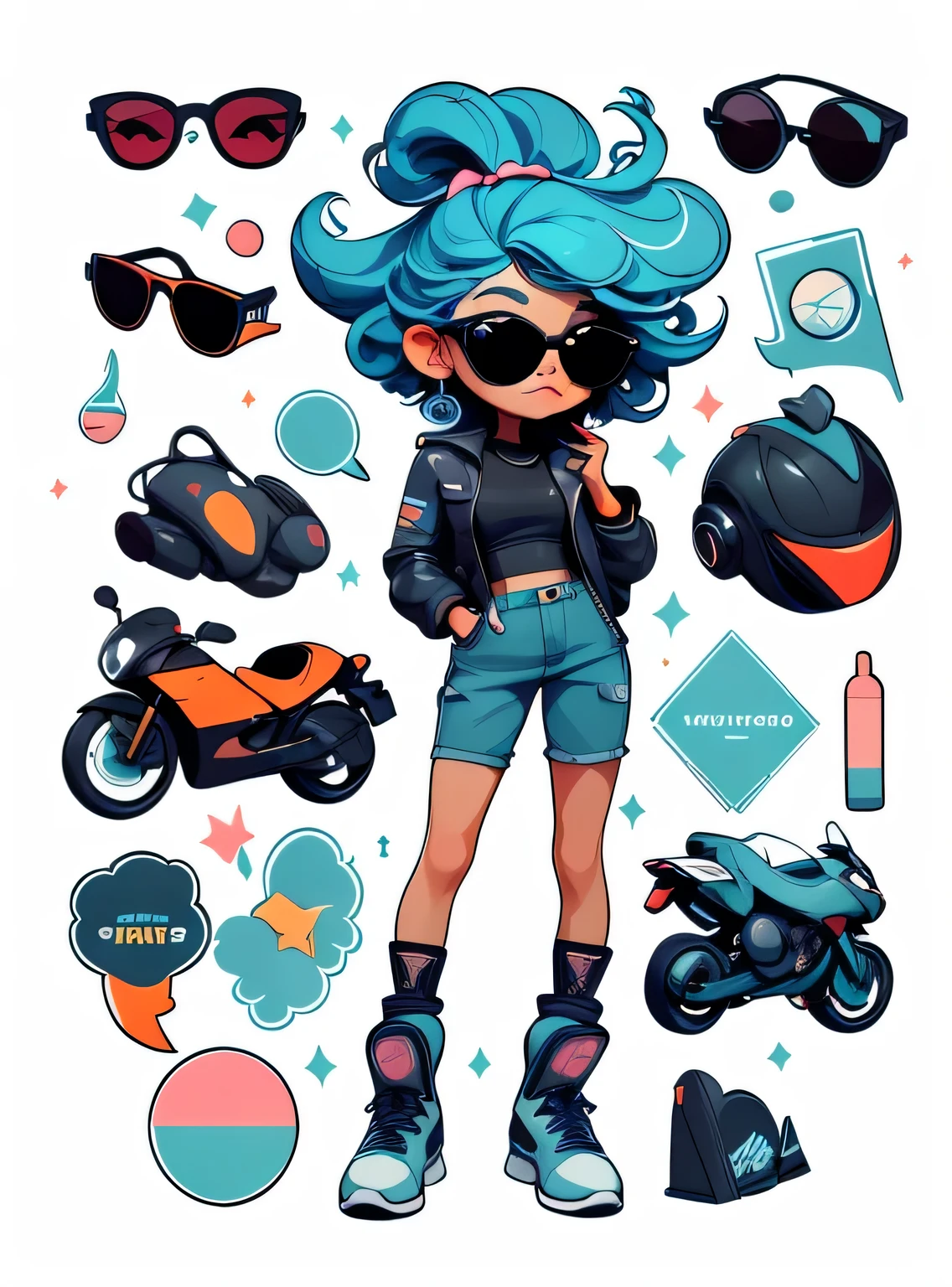 1 adesivo, manual, (adesivo, uma garota estilosa, modelo, top preto, cabelo pintado de azul, oculos de sol, Cool Trend Motorcycle), fundo branco, fundo simples, minimum, Bonitinho, pequeno, cor pastel, estilo vetorial, sem gradiente,