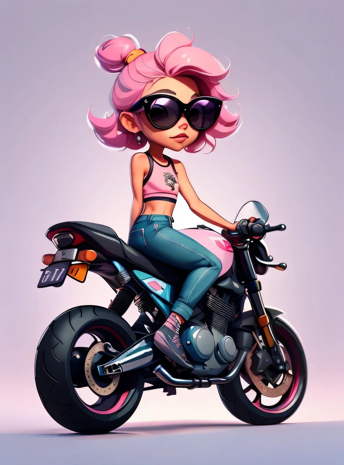 1 adesivo, manual, (adesivo, uma garota estilosa, modelo, Top rosa, escolha tingir o cabelo, oculos de sol, Cool Trend Motorcycle), lilac background, fundo simples, minimum, Bonitinho, pequeno, cor pastel, estilo vetorial, sem gradiente,