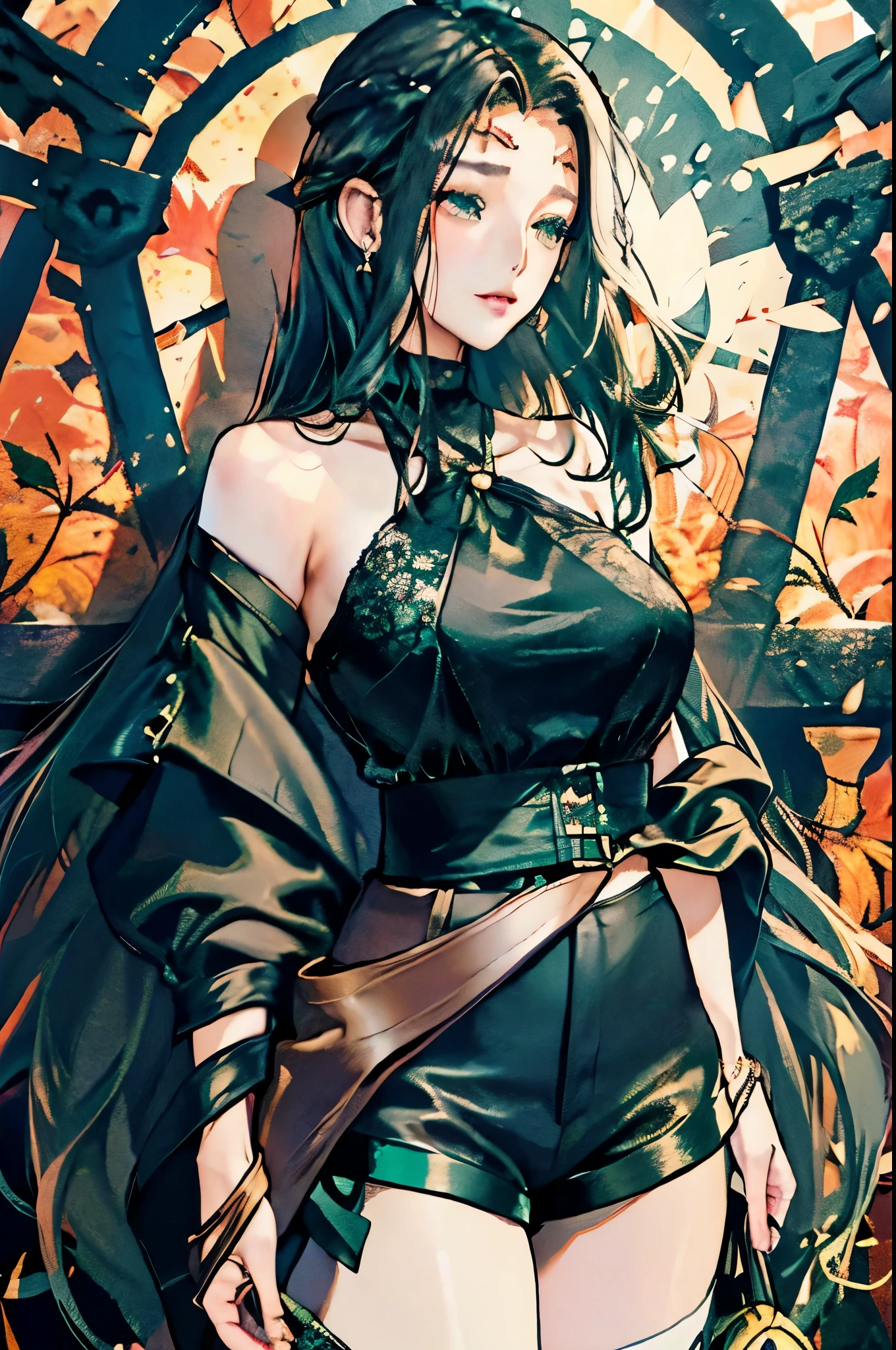 long hair, green eyes, Black hair, Black lace blouse, patterns on a blouse, leather shorts, Thigh length shorts, Emerald earrings