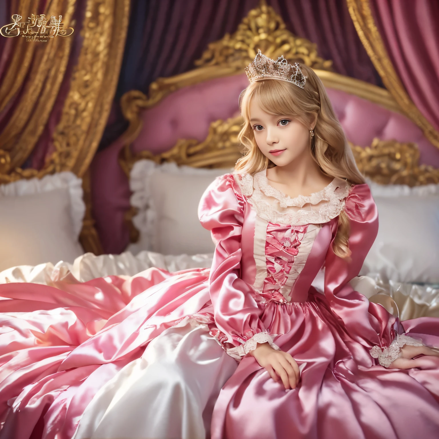 ,highest quality, masterpiece, highest resolution, artwork, super それにget used to it, many get used to it, get used to it, それにget used to it, 3K realistic photos,,((女の子)),Super detailed baby face,the two girls are princesses,Full length ball gown dress with hoop skirt,ruffle yoke collar,puff sleeves,long sleeve,((Lolita style pink detailed princess satin dress、Comes with lots of frills and ribbons。)),colorful rococo fashion,shiny satin dress,Soft and smooth fabric,luxury,long blonde hair,blue eyes,white skin european,pajamas,((inside the palace)),,,(( 10 years old)),Sd baby face,Full length ball gown dress with hoop skirt,long skirt,ruffle yoke collar,puff sleeves,腰まで伸びるlong blonde hair,blue eyes,white skin european,pajamas,((inside the palace bedroom)),シルクサテンのluxuryなcanopy bedの上,canopy bed,Luxurious curtains on both sides of the bed,many frilly pillows on the bed,super detailed background,Detailed bed,romantic atmosphere,two little princesses on the bed,Two people playing on the bed,((((Both legs are hidden in the dress)))),the dress is spread out on the bed,soft silk satin comforter,soft silk satin ruffled pillow,Beautiful girl illustration,detailed beautiful face detailed hair,detailed human eye ,detailed mouth, arm details,fine hands,Detailed pillow,