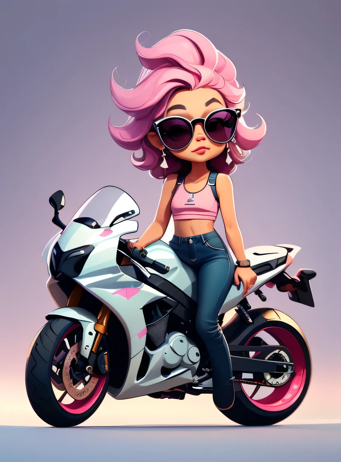 1 adesivo, manual, (adesivo, uma garota estilosa, modelo, Top rosa, escolha tingir o cabelo, oculos de sol, Cool Trend Motorcycle), lilac background, fundo simples, minimum, Bonitinho, pequeno, cor pastel, estilo vetorial, sem gradiente,