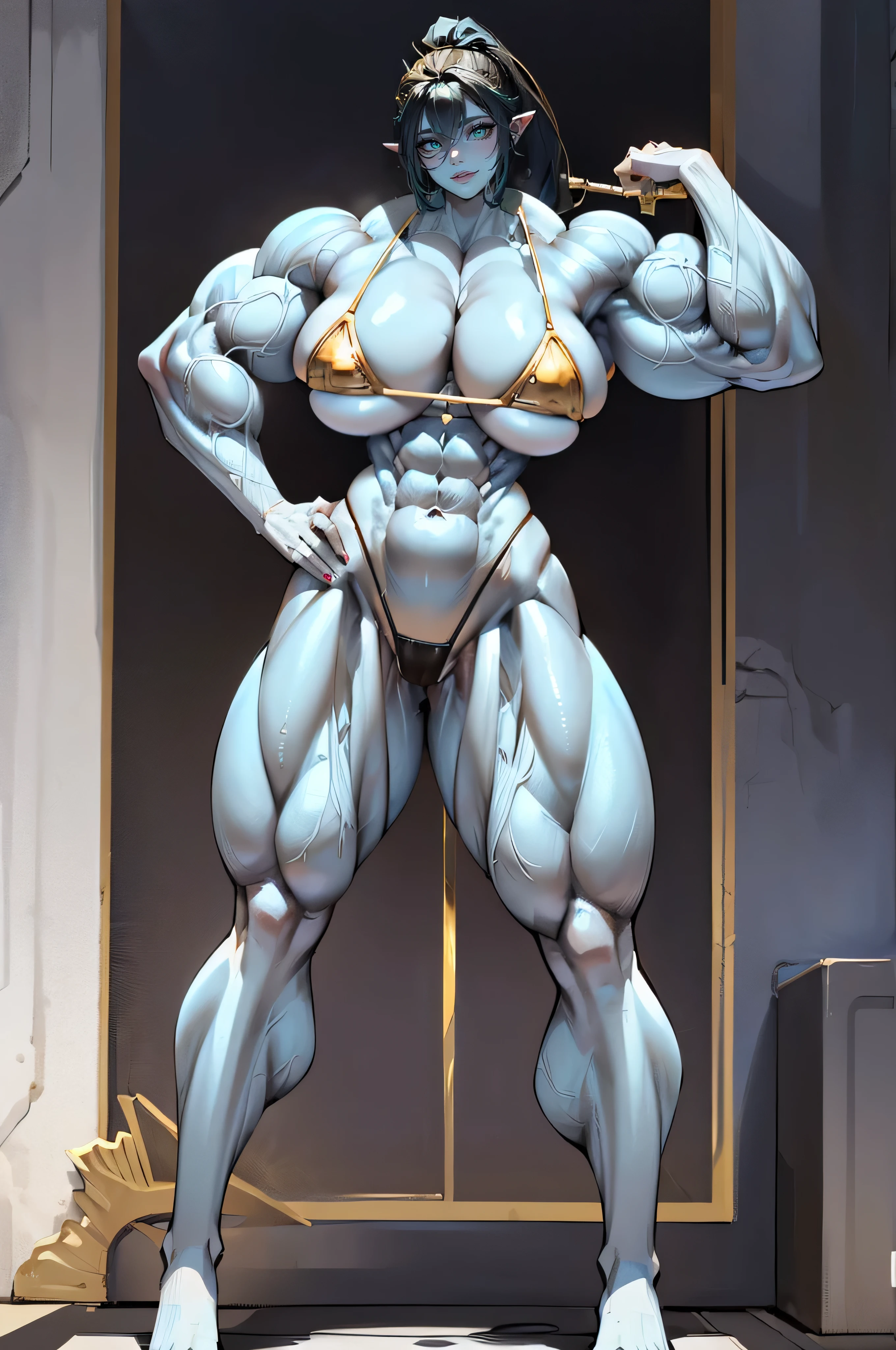 beautiful woman, detailed face, huge (hypermuscle:1.4), vibrant (blue skin:1.5), pointed ears, gold hoop earrings, (crotch bulge:1.2), thick thighs, (stiff nipples: 1.3), hands on hips, (sneer:1.3), (smirk:1.2), arrogant, confident, long wavy black hair, messy ponytail, tiny (golden bikini:1.4), beach, looking at viewer, (NSFW), ((accurate anatomy)), (wide hips), ((Huge breasts)), (long legs), ((Massive Female Bodybuilder)), (((Muscular Legs))), ((((Huge Muscles))))