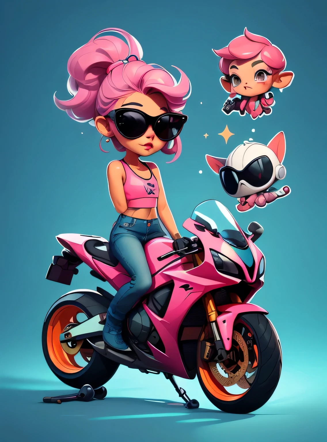 1 adesivo, manual, (adesivo, uma garota estilosa, modelo, Top rosa, escolha tingir o cabelo, oculos de sol, Cool Trend Motorcycle), lilac background, fundo simples, minimum, Bonitinho, pequeno, cor pastel, estilo vetorial, sem gradiente,