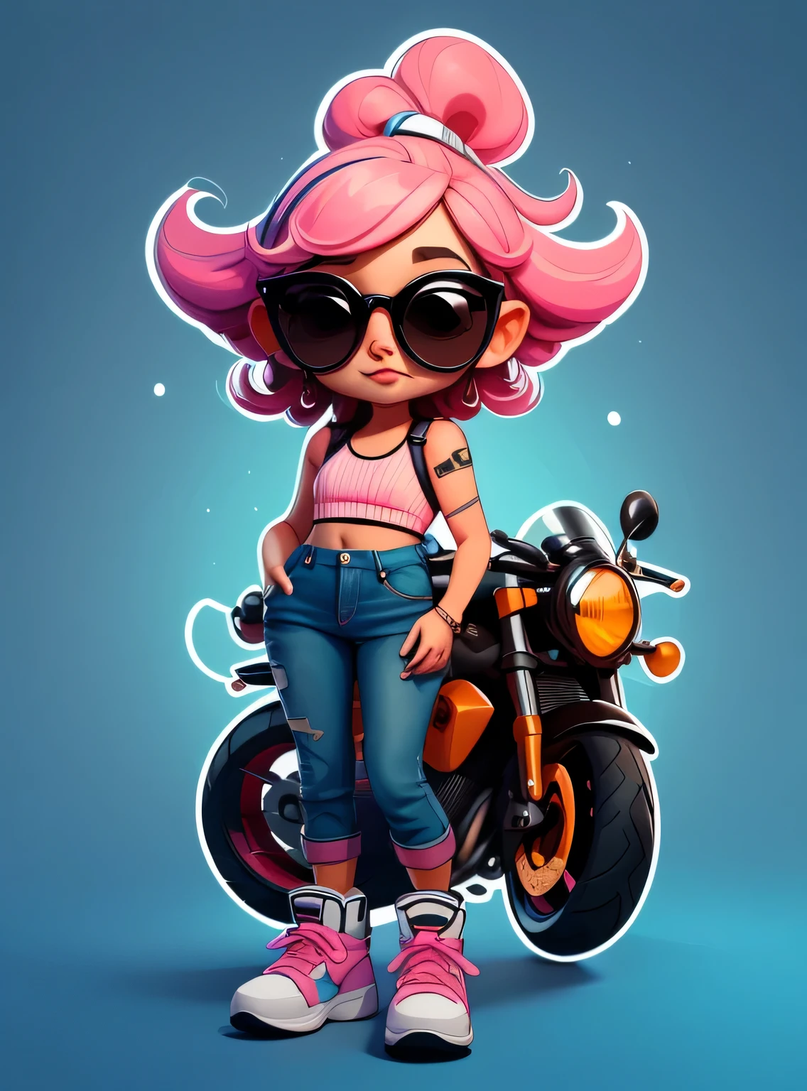 1 adesivo, manual, (adesivo, uma garota estilosa, modelo, Top rosa, escolha tingir o cabelo, oculos de sol, Cool Trend Motorcycle), fundo azul, fundo simples, minimum, Bonitinho, pequeno, cor pastel, estilo vetorial, sem gradiente,