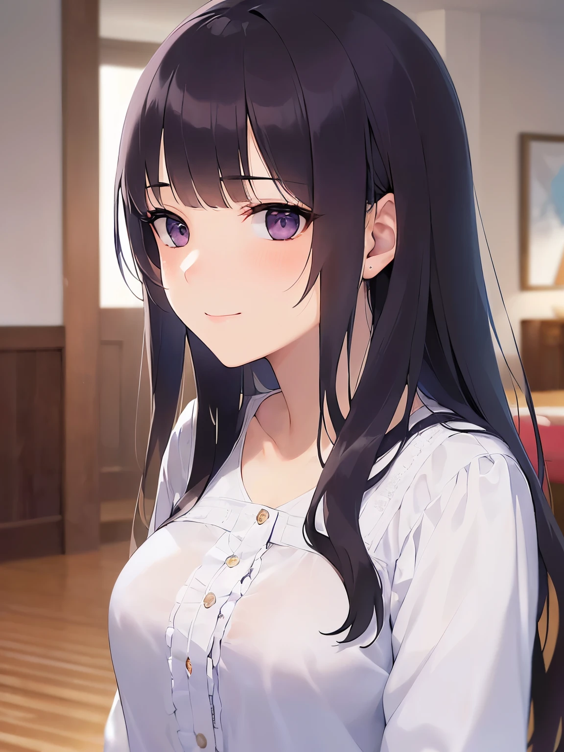 POV、Realistic, real person, RAW photo, photorealistic, portrait photography, shiny skin, japanese idol、(A 20-year-old woman with black bangs and purple eyes.) and (blunt bangs) and (straight midium hair), (wearing a white frilly blouse:1.5)、 smile, blush, The background is the living room、Alone、Are standing