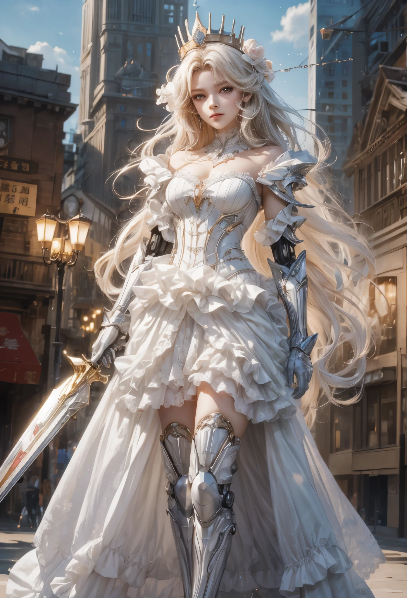 ((Highly accurate drawing in every detail)Extremely precise depiction)[High resolution],(detailed illustrations,とてもfineで緻密な描画,Delicate drawn lines with tempo,Realistic texture expression),[color traced main line],[Modern city skyscrapers background],(ANIME)(A pure white GIANTROBOT Girl towering over the building area(SKINNY[SLENDER])),[AUTOMATON](A painstaking face like a sculpture[METALFACE[[clear lenticular iris]青白く発光するeyes like jewels]])[(MACHINEKNIGHT)[Titanium internal skeleton](Delicate thin fingers)]],((Elegant exterior with many curved surfaces[smooth body surface])(large crown [[large raised shoulder pad]])(Ruffle Petticoat)),[TITANWEAPON[It is called the princess lily of white porcelain]Mecha Body[Metal skin][Cable running down the body surface[gear]]],[Platinum coating],[Science fiction(mechanical)[Steampunk]],([beautiful and artistic decoration][Dense detail [White lily pattern]])[transparency],(detailed,高fine),(Precisely drawn face[(perfect and beautiful face)[eyes like jewels]]),[long and beautiful eyelashes],[precisely drawn hair [美しく艷やかな髪のdetailed]],(完璧な手のdetailed [Beautiful fingers with no damage [beautiful nails]]),(perfect anatomy(perfectly balanced proportions)),[ideal color coordination(Accurate simulation of light and material interactions)],([Precision Detail](detailed,高fine)),(Huge feeling[Total length 40 meters])[[full body portrait]][Visual art that tells a story],((highest quality)fine[[High density drawing]])(4K Quality).
