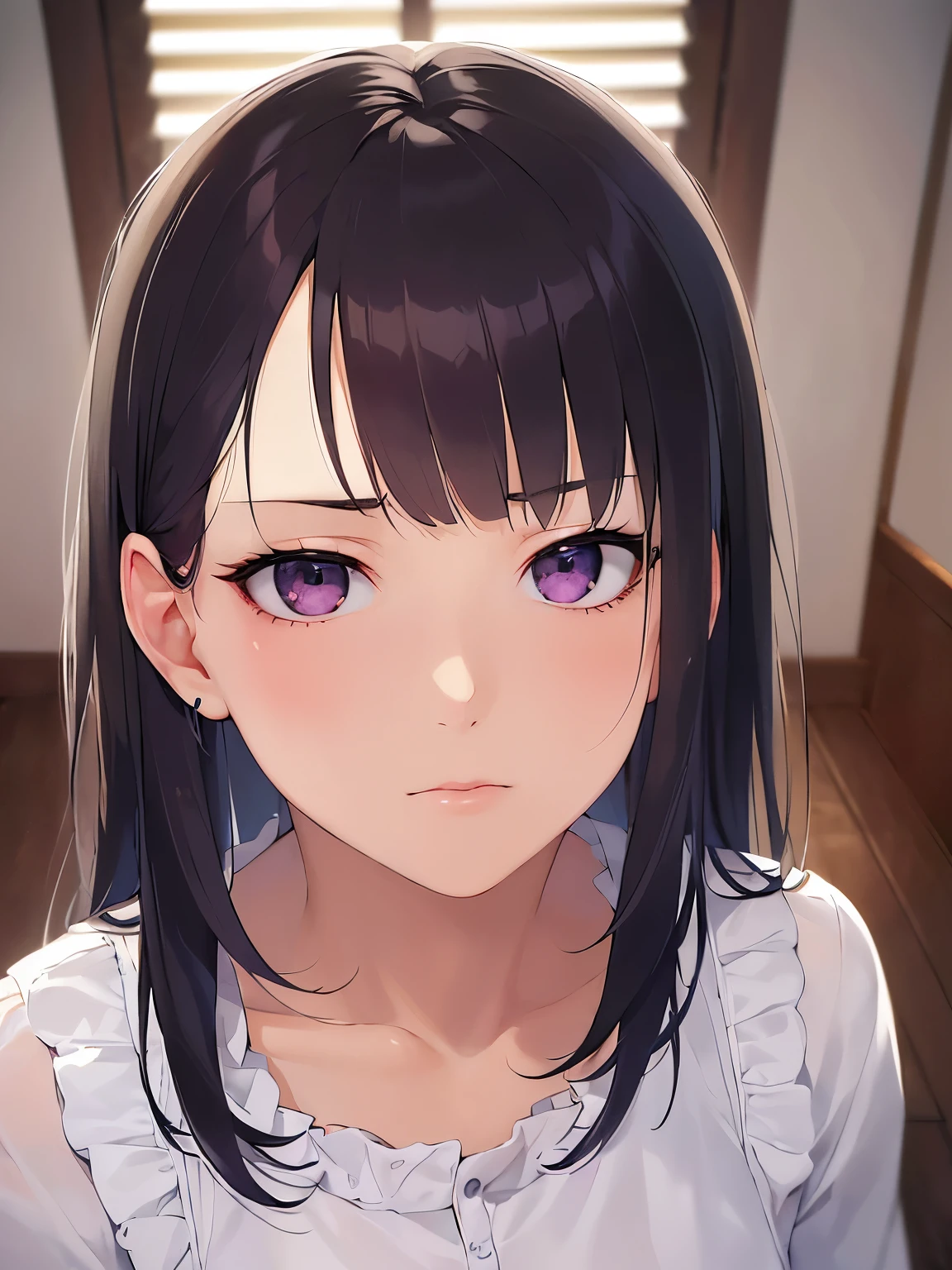 looking side, POV、Realistic, real person, RAW photo, photorealistic, portrait photography, shiny skin, japanese idol、(A 20-year-old woman with black bangs and purple eyes.) and (blunt bangs) and (straight midium hair), (wearing a white frilly blouse:1.5)、 displeased look, The background is the living room、Alone、Are standing