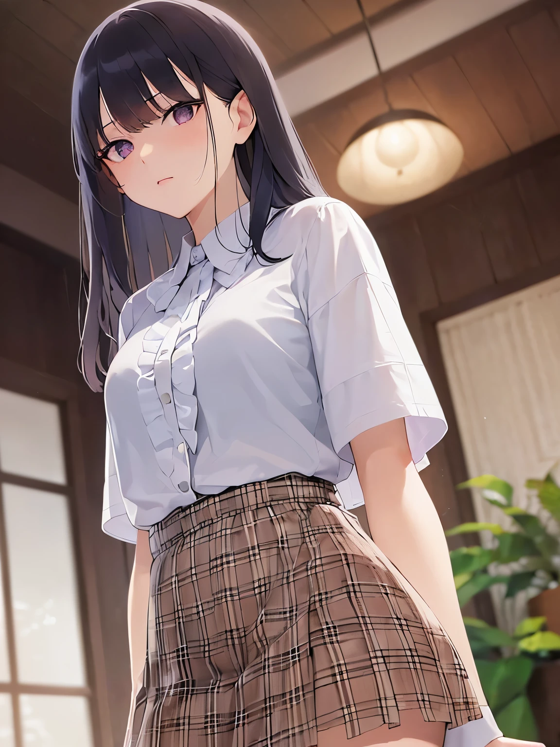 looking side, POV、Realistic, real person, RAW photo, photorealistic, portrait photography, shiny skin, japanese idol、(A 20-year-old woman with black bangs and purple eyes.) and (blunt bangs) and (straight midium hair), (wearing a white frilly blouse:1.5)、 displeased look, The background is the living room、Alone、Are standing