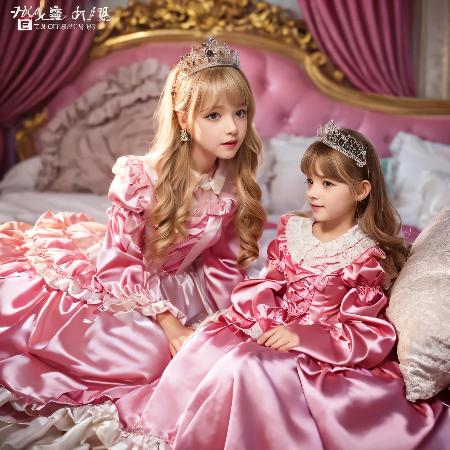 ,highest quality, masterpiece, highest resolution, artwork, super それにget used to it, many get used to it, get used to it, それにget used to it, 3K realistic photos,,((女の子)),Super detailed baby face,thls are princesses,Full length ball gown dress with hoop skirt,ruffle yoke collar,puff sleeves,long sleeve,((Lolita style hot pink detailed princess satin dress、Comes with lots of frills and ribbons。)),colorful rococo fashion,shiny satin dress,Soft and smooth fabric,luxury,long blonde hair,blue eyes,white skin european,pajamas,((inside the palace)),,,(( 10 years old)),Super y face,Full length ball gown d hoop skirt,long skirt,ruffle yoke collar,puff sleeves,腰まで伸びるlong blonde hair,blue eyes,white skin european,pajamas,((inside the palace bedroom)),シルクサテンのluxuryなcanopy bedの上,canopy bed,Luxurious curtains on both sides of the bed,many frilly pillows on the bed,super detailed background,Detailed bed,romantic atmosphere,two little princesses on the bed,Two people playing on the bed,((((Both legs are hidden in the dress)))),the dress is spread out on the bed,soft silk satin comforter,soft silk satin ruffled pillow,Beautiful girl illustration,detailed beautiful face detailed hair,detailed human eye ,detailed mouth, arm details,fine hands,Detailed pillow,