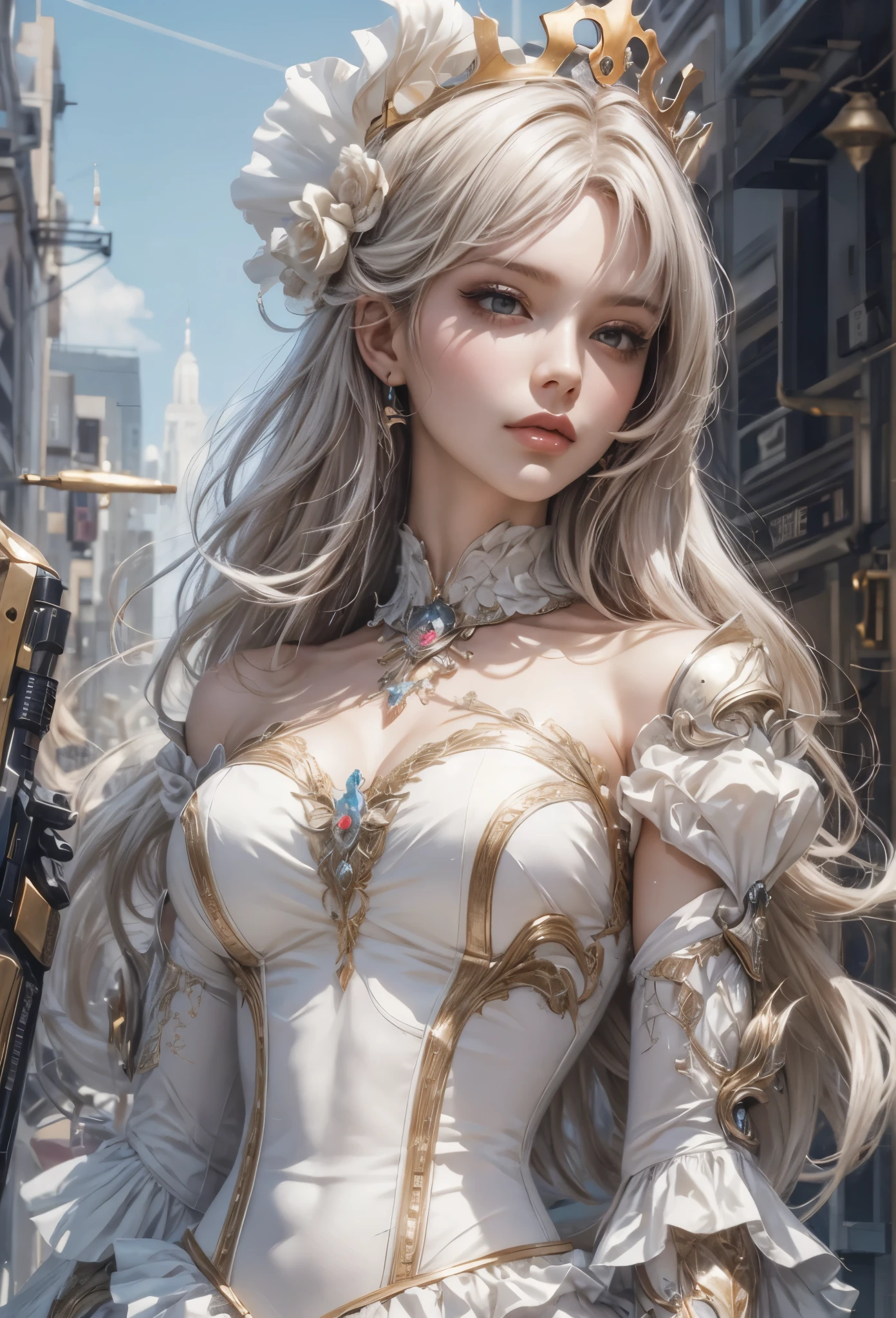 ((Highly accurate drawing in every detail)Extremely precise depiction)[High resolution],(detailed illustrations,とてもfineで緻密な描画,Delicate drawn lines with tempo,Realistic texture expression),[color traced main line],[Modern city skyscrapers background],(ANIME)(A pure white GIANTROBOT Girl towering over the building area(SKINNY[SLENDER])),[AUTOMATON](A painstaking face like a sculpture[METALFACE[[clear lenticular iris]青白く発光するeyes like jewels]])[(MACHINEKNIGHT)[Titanium internal skeleton](Delicate thin fingers)]],((Elegant exterior with many curved surfaces[smooth body surface])(large crown [[large raised shoulder pad]])(Ruffle Petticoat)),[TITANWEAPON[It is called the princess lily of white porcelain]Mecha Body[Metal skin][Cable running down the body surface[gear]]],[Platinum coating],[Science fiction(mechanical)[Steampunk]],([beautiful and artistic decoration][Dense detail [White lily pattern]])[transparency],(detailed,高fine),(Precisely drawn face[(perfect and beautiful face)[eyes like jewels]]),[long and beautiful eyelashes],[precisely drawn hair [美しく艷やかな髪のdetailed]],(完璧な手のdetailed [Beautiful fingers with no damage [beautiful nails]]),(perfect anatomy(perfectly balanced proportions)),[ideal color coordination(Accurate simulation of light and material interactions)],([Precision Detail](detailed,高fine)),(Huge feeling[Total length 40 meters])[[full body portrait]][Visual art that tells a story],((highest quality)fine[[High density drawing]])(4K Quality).