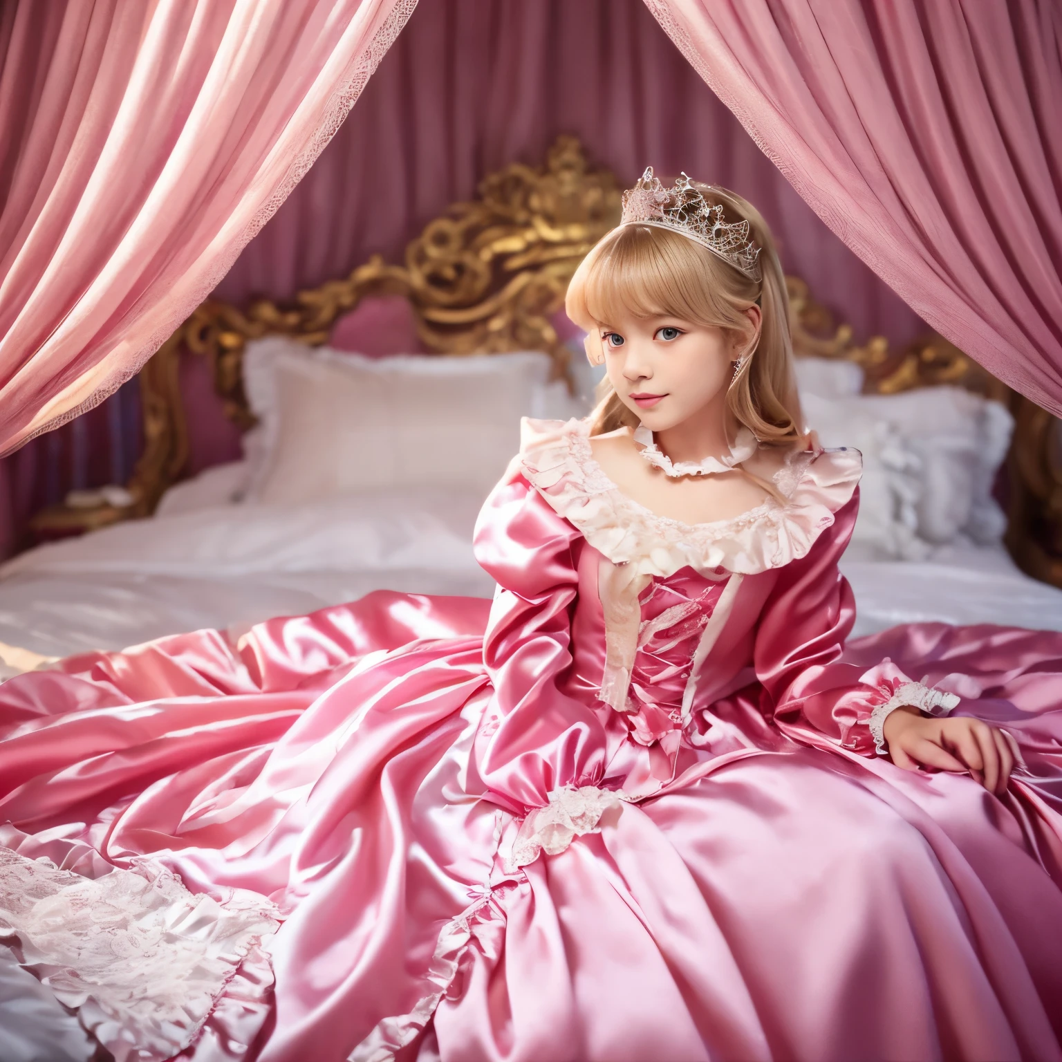 ,highest quality, masterpiece, highest resolution, artwork, super それにget used to it, many get used to it, get used to it, それにget used to it, 3K realistic photos,,((10 years old女の子)),Super detailed baby face,the two girls are princesses,Full length ball gown dress with hoop skirt,ruffle yoke collar,puff sleeves,long sleeve,((Lolita style hot pink detailed princess satin dress、Comes with lots of frills and ribbons。)),colorful rococo fashion,shiny satin dress,Soft and smooth fabric,luxury,long blonde hair,blue eyes,white skin european,pajamas,((inside the palace)),,,(( 10 years old)),Super detailed baby face,Full length ball gown dress with hoop skirt,long skirt,ruffle yoke collar,puff sleeves,腰まで伸びるlong blonde hair,blue eyes,white skin european,pajamas,((inside the palace bedroom)),シルクサテンのluxuryなcanopy bedの上,canopy bed,Luxurious curtains on both sides of the bed,many frilly pillows on the bed,super detailed background,Detailed bed,romantic atmosphere,two little princesses on the bed,Two people playing on the bed,((((Both legs are hidden in the dress)))),the dress is spread out on the bed,soft silk satin comforter,soft silk satin ruffled pillow,Beautiful girl illustration,detailed beautiful face detailed hair,detailed human eye ,detailed mouth, arm details,fine hands,Detailed pillow,