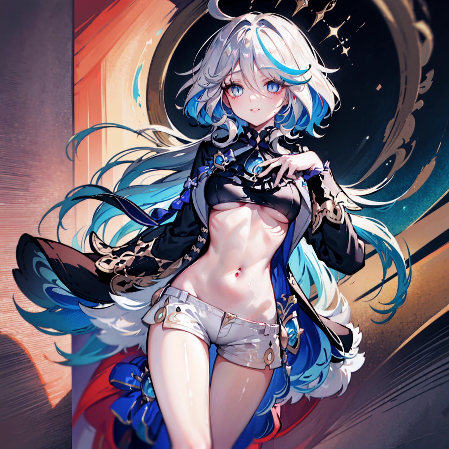 art, best quality, full body, sexy body, big breasts slightly open, ultra detailed, bright, bright light, high definition, depth of field, (perfect face, detailed face, detailed eyes, perfect hands), 8k, high definition, ultra realistic face, perfect lighting, best quality, ultra-detailed, bright eyes, navel showing, (looking at the viewer, smile: 1.1), ((1 girl)), thighs, cloak, furina, long hair, hair over the eye , ((gradient hair)), Multicolored eyes, gradient eyes, (bright eyes: 1.5), mascara, (FASHION MAKEUP), parted lips, blush, small jacket, slightly open short shorts, detailed clothes, , (( super detailed background)), ((8k wallpaper)),
