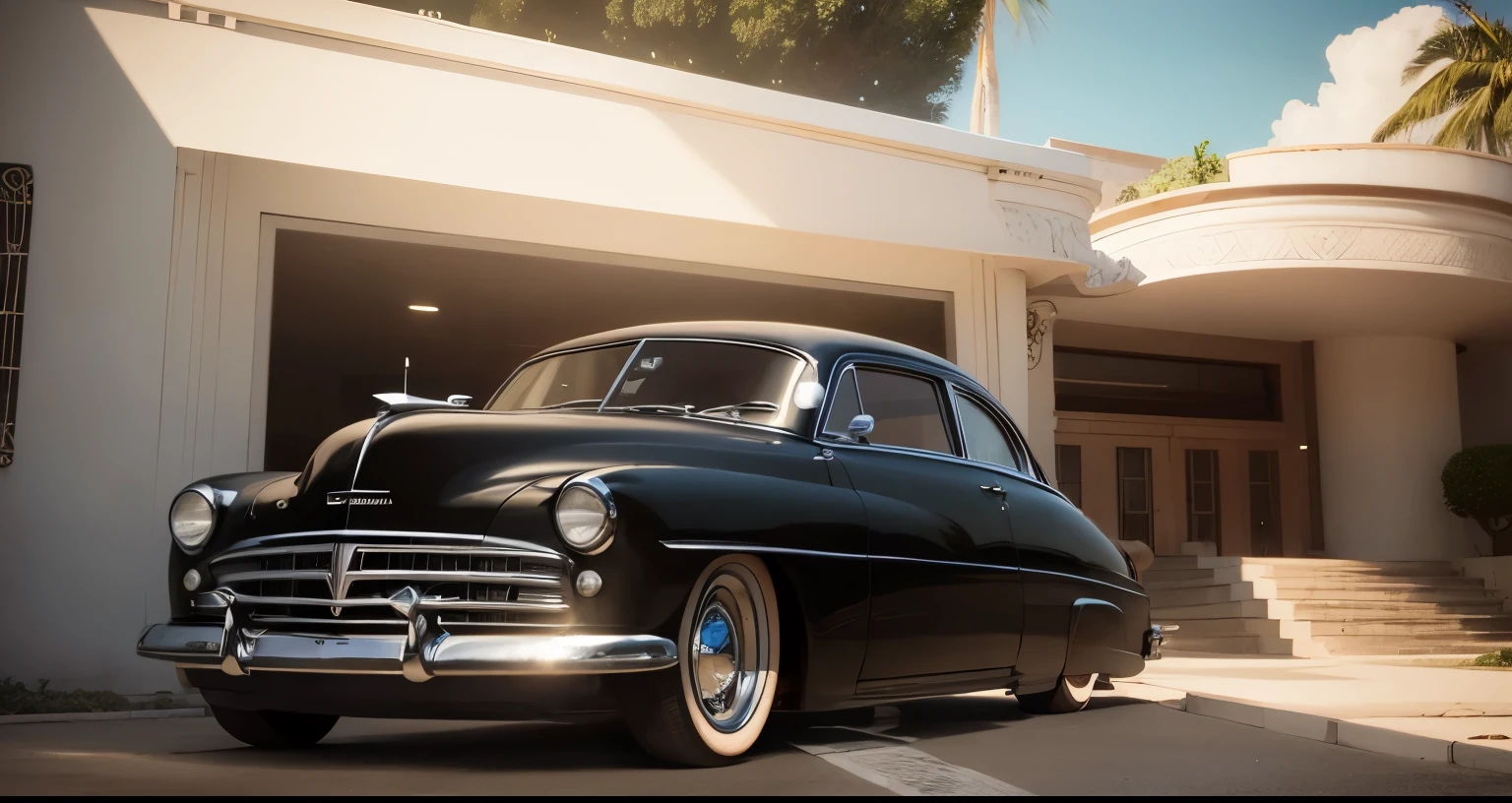 Um Mercury 1949 PRETO e brilhante, domina a paisagem da ensolarada Beverly Hills. O carro, restored to perfection, exibe suas rodas BBS RS de 17 polegadas, de acabamento cromado, que refletem a luz do sol. Sua carroceria rebaixada se aproxima do asfalto da rua arborizada, onde palmeiras altivas o acompanham, as guardians of this vintage relic. Ao seu redor, Art Deco style mansions, de fachada alva e varandas ornamentadas, complete the scenario, contrasting with the timeless sophistication of the 1949 Mercury.