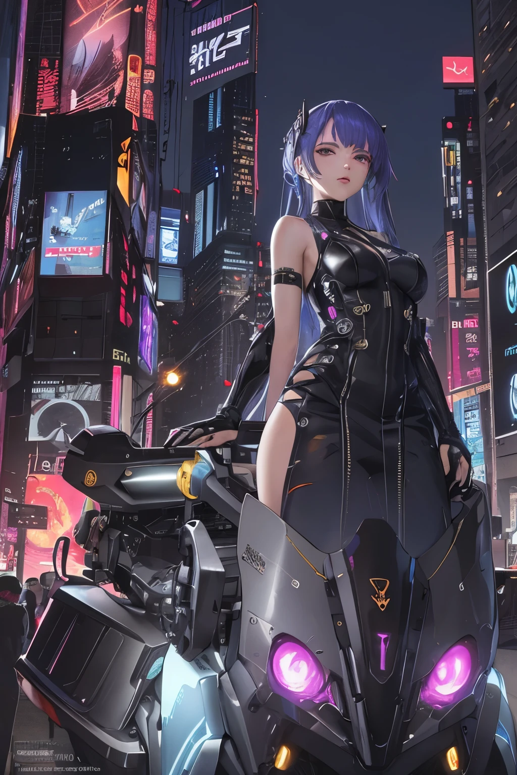 (An exquisite cyberpunk anime masterpiece illustration, showcasing an extremely delicate and beautiful cyber girl, with a very detailed and exposed face, accentuating her machine member, where tube connections subtly attach to her neck (1.2), accompanied by an intricate mass of wires and cables on her body. She is boldly dressed in a vibrant Harajuku tech jacket, adorned with a distinct logo, as she gracefully assumes a dynamic pose. Behind her stands a futuristic motorcycle, while the night sky, filled with smog, illuminates in the background – a true work of art and science fiction in hyper-detailed, ultra-high resolution (