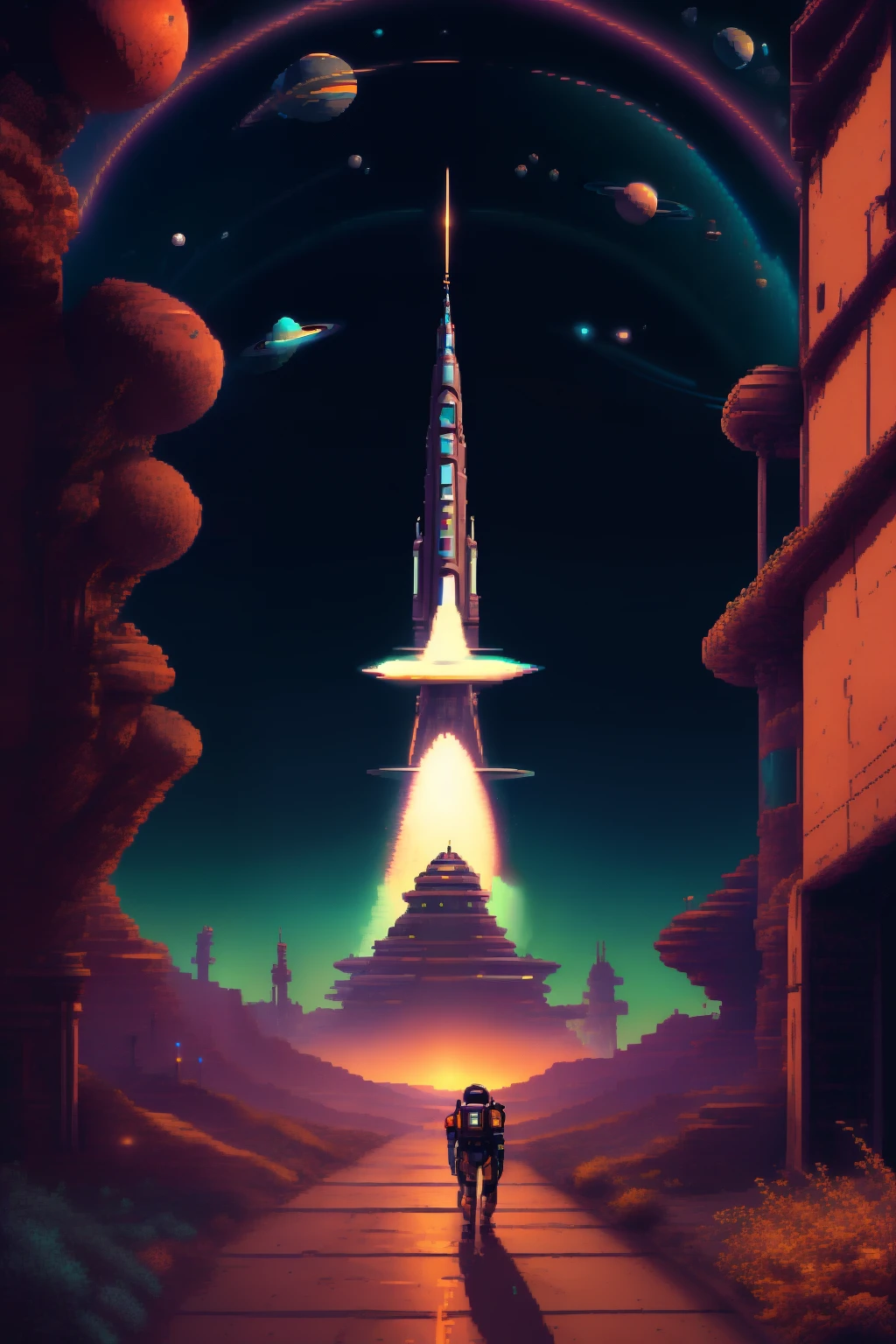 (( Painting of the Saturn Orbiting Space Station )),science fiction_Pixel, Pixel艺术