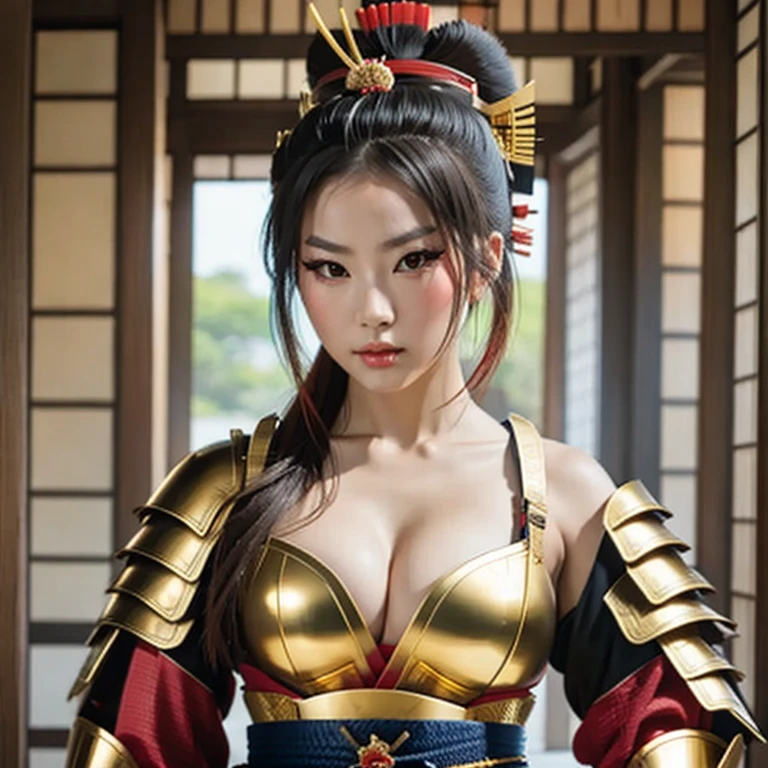 1girl, Generate a beautiful Samurai Geisha looking directly at the camera with a (fierce, dangerous, seductive) gaze. She stands tall while donning the formidable gold and red armour plated traditional armor of a samurai. Holding traditional samurai katana sword. Her gaze is both alluring and fierce, as she holds the sword with a delicate yet deadly grip. 