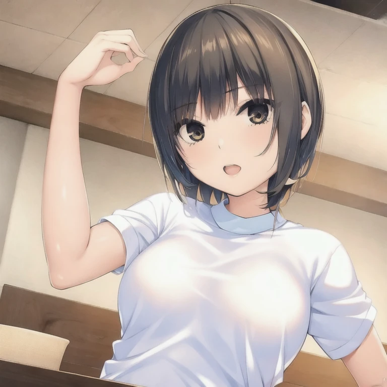 nsfw,large breast,completely nude,black hair,short hair,looking at viewer,hands behind up