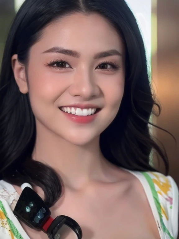 (realistic、masterpiece、Best Quality、8K、highres、high resolution:1.3)、1 girl、Big breasts、smile、white bikini、looking at viewers、super fine face and eyes、long hair、 exposed cleavage、upper body、