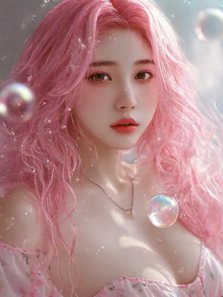 (masterpiece, best quality:1.2), 1girl, air bubble, artist name, blurry, bokeh, breasts, bubble, bubble blowing, cleavage, jewelry, lens flare, lips, long hair, looking at viewer, medium breasts, necklace, parted lips, pearl \(gemstone\), pearl necklace, pink hair, realistic, red lips, soap bubbles, solo, submerged, teeth, underwater, upper body, water, water drop,megnhuanpaopao