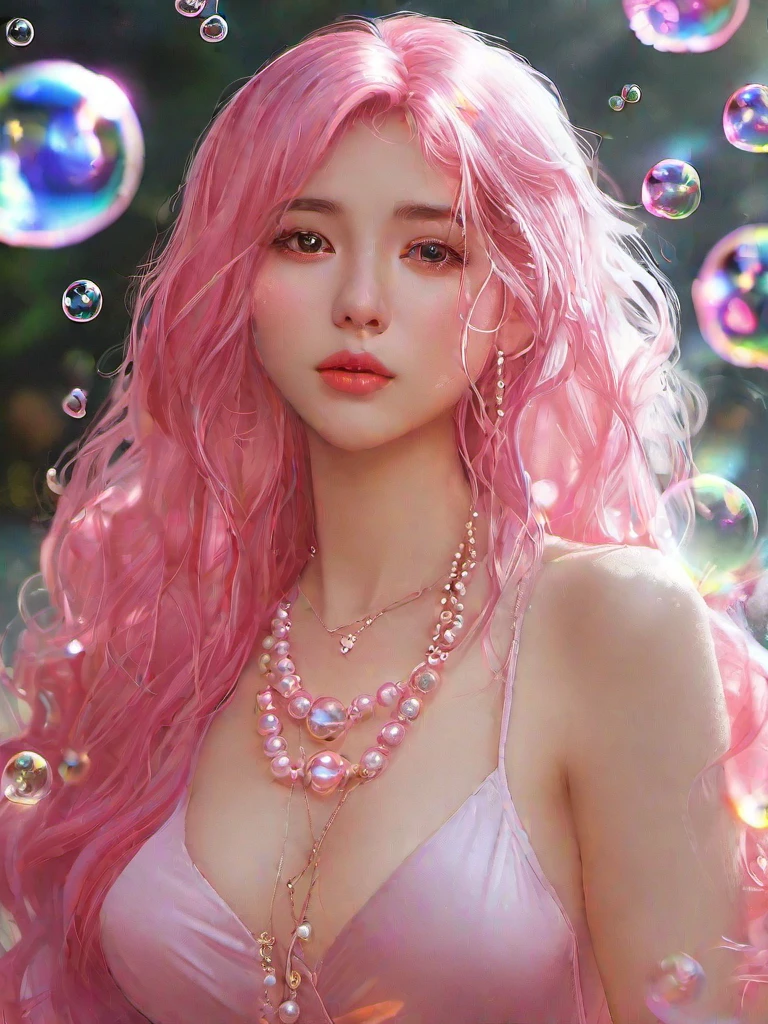 (masterpiece, best quality:1.2),bubble,1girl,blurry,bokeh,breasts,cleavage,jewelry,lens flare,long hair,looking at viewer,medium breasts,necklace,parted lips,pearl \(gemstone\),pearl necklace,pink hair,realistic,red lips,soap bubbles,solo,submerged,teeth,upper body,megnhuanpaopao