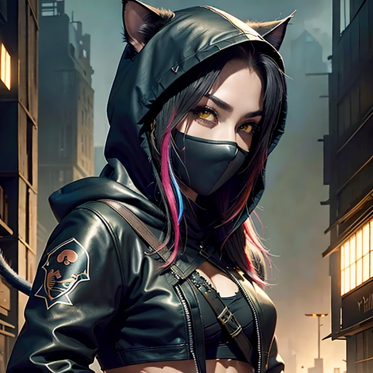 there is a woman in a black cat suit and a hood, tiefling rogue, female assassin, female rouge assassin, cat the assassin, stylized urban fantasy artwork, cat girl, portrait of female rogue, portrait ninja gaiden girl, goth ninja, beautiful young catgirl, attractive cat girl, beautiful female assassin, catgirl, cyberpunk assassin, cyberpunk anime girl in hoodie